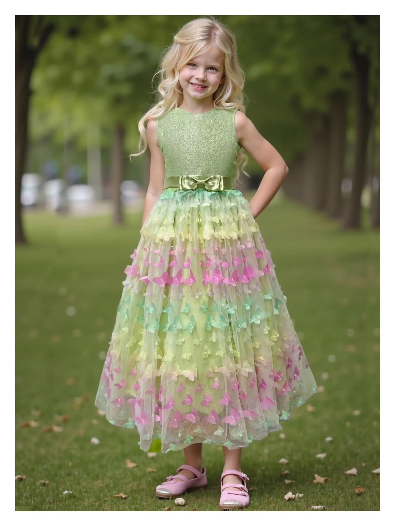 Vestido De Fiesta para NiñA Vestido de Fiesta de Boda de Princesa con Flores y Lazo de Malla sin Mangas con Mariposa Tridimensional for niña(10)