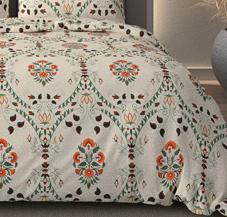 Image of DECOMIZER 300 Tc, Super Soft Glace Cotton King Size AC Comforter|Duvet with 1 King Size Elastic Fitted Bedsheet 72 inchX78 inch Inch and 2 Large Pillow Cover - 4 Piece Comforter Set - Beige Jaipuri