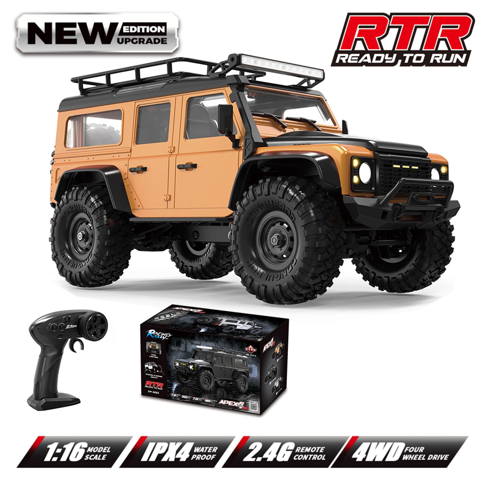 4WD Modèle Crawler Chariot à télécommande Échelle 1/16 Véhicule tout-terrain avec lumière de toit LED Jouet de compétition pour adulte