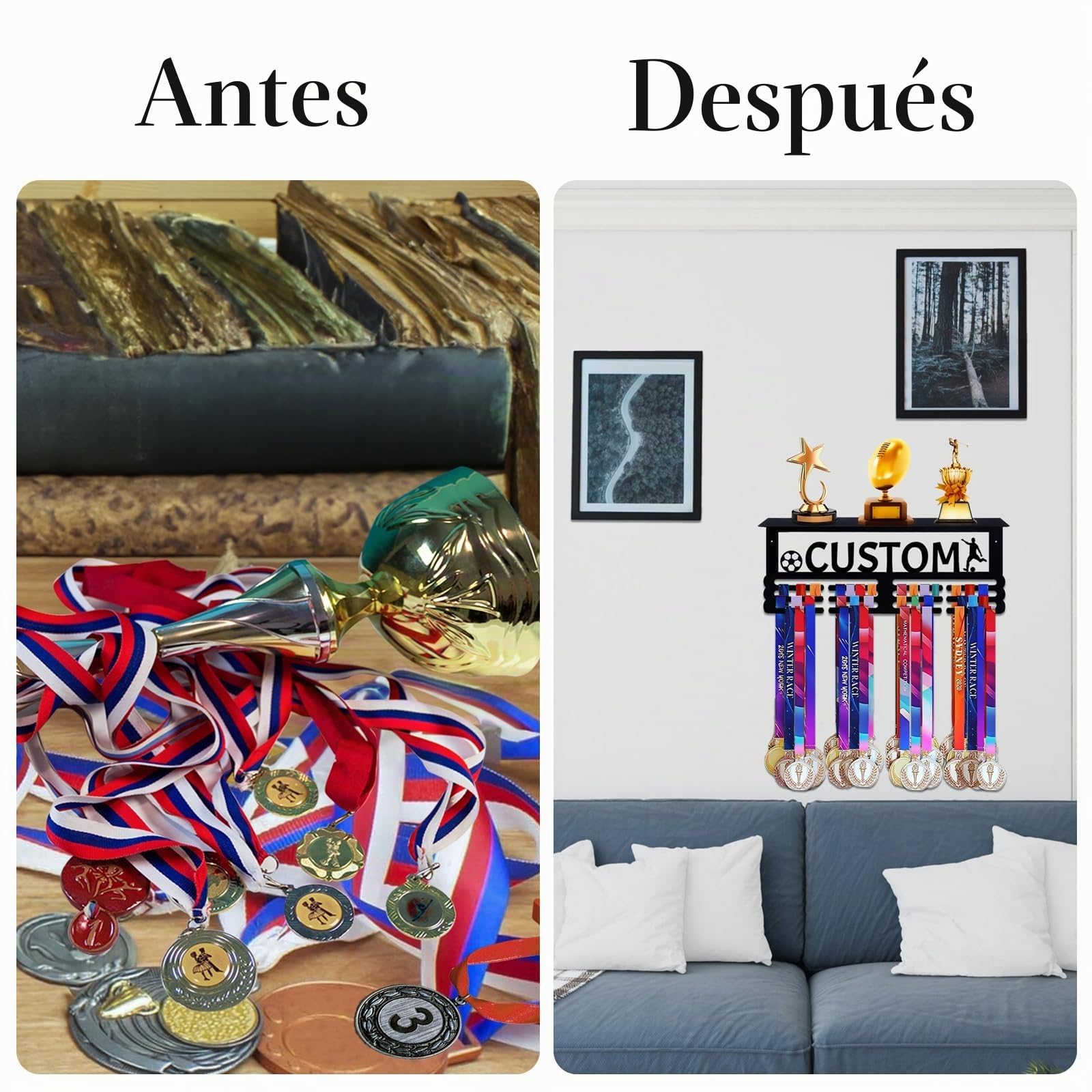 Goutoports Perchero de medallas con estante para trofeos, estante de metal duradero para colgar cintas de premios, con capacidad para hasta 16 medallas, 5 trofeos, fanáticos de los deportes y uso