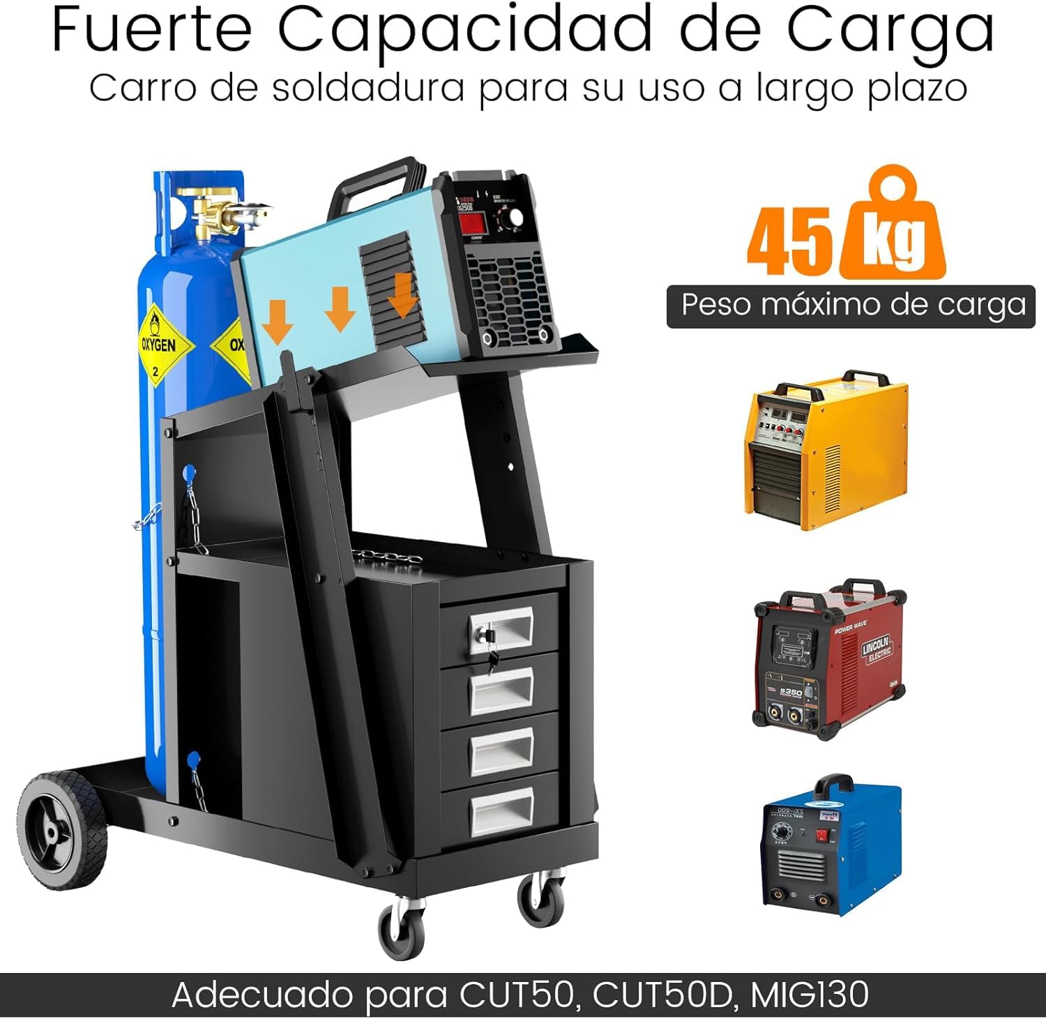 GOPLUS Carro de Soldadura Móvil, Organizador de Taller con 4 Cajones, Ruedas y Cadena de Seguridad para Bombona de Gas, Carrito de Herramientas para Soldador y Cortador de Plasma, Carga 45 kg