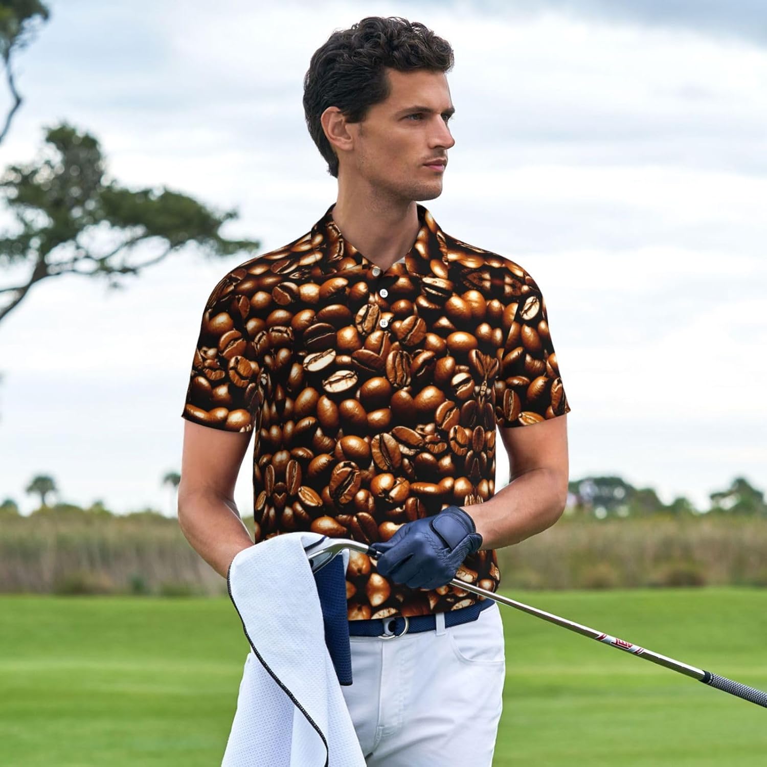 Funny Roasted Coffee Beans Print Men's Polo Shirts, Short Sleeve Golf Shirt, Moisture Wicking Athletic Casual T-Shirt
