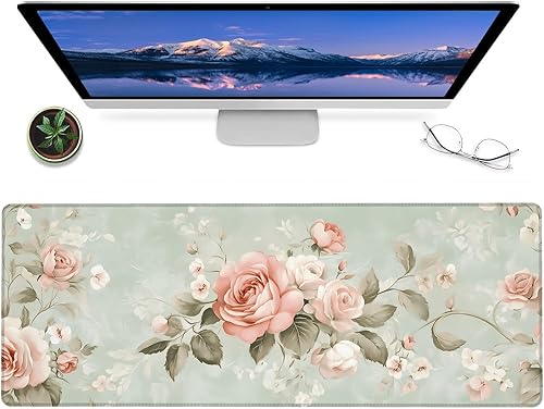 Alfombrilla de mouse para juegos de rosa vintage pastel, alfombrilla de escritorio de goma antideslizante de 12 x 31.5 pulgadas con diseño floral