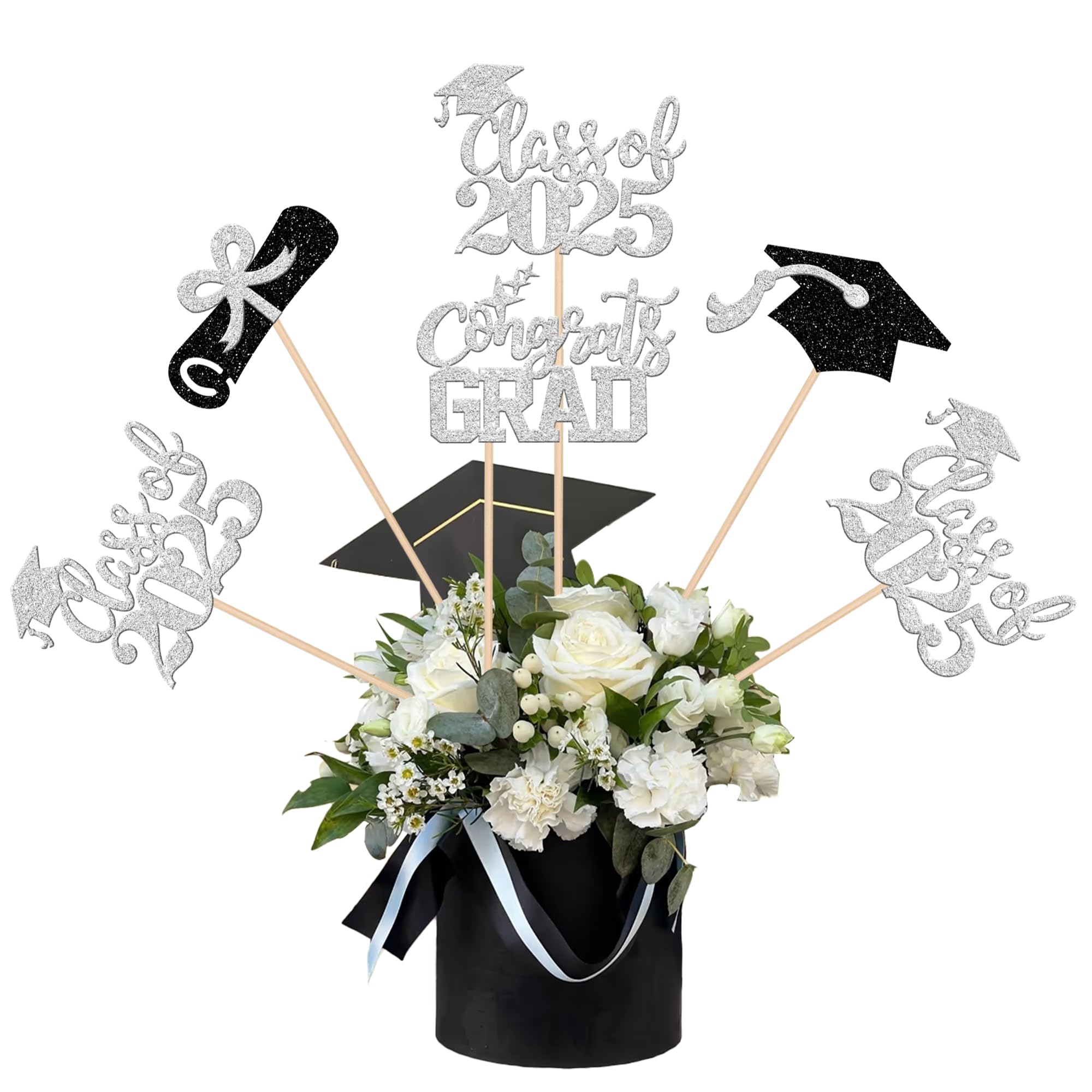 12 PCS 2025 Graduation Centerpiece Sticks Assembled Class of 2025 Congrats Grad Cake Toppers Diploma Graduation Cap Table Flower Centerpiece Sticks