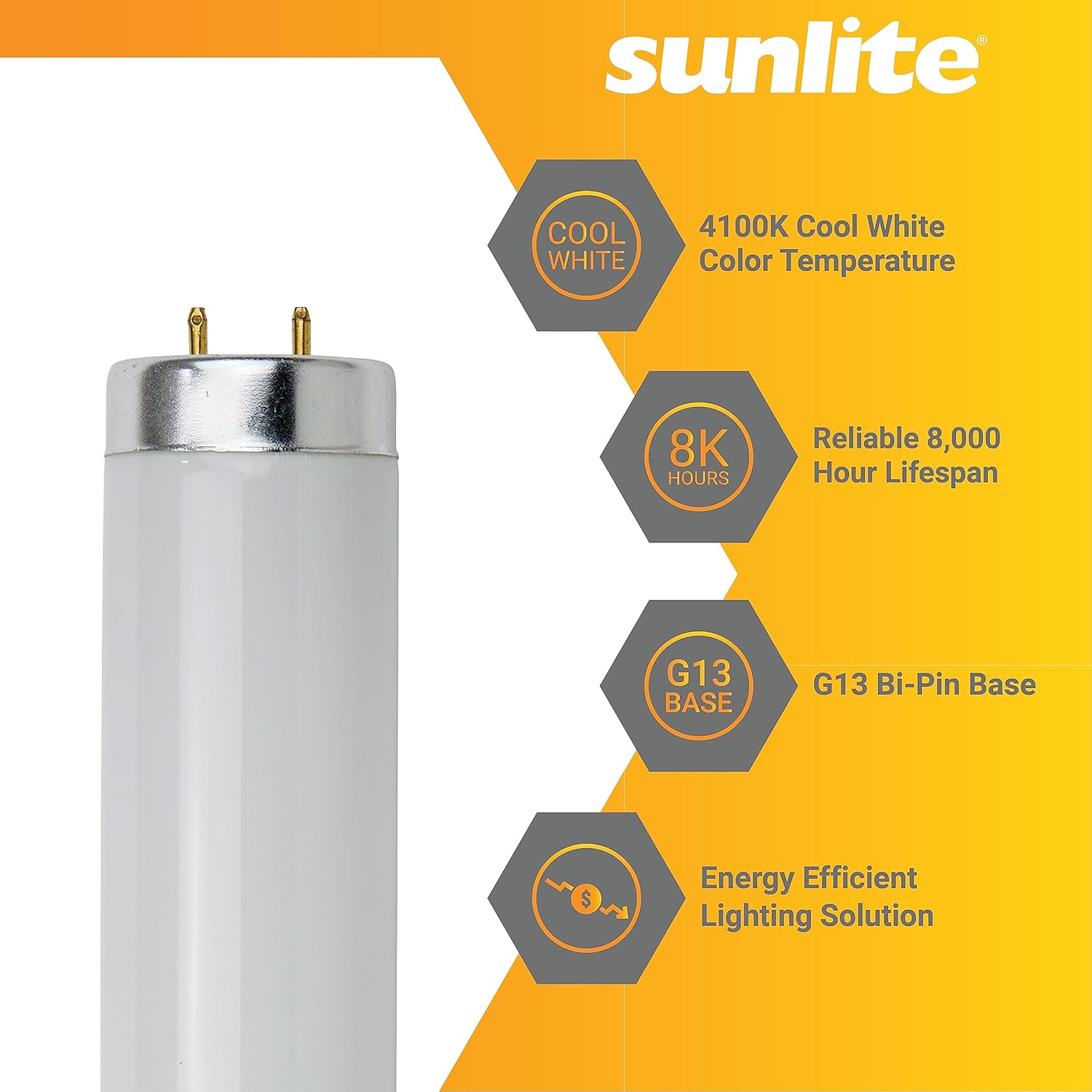 A close-up of a Sunlite T12 fluorescent lamp with callouts for 4100K Cool White, 8,000 hours lifespan, G13 base, and energy efficiency.