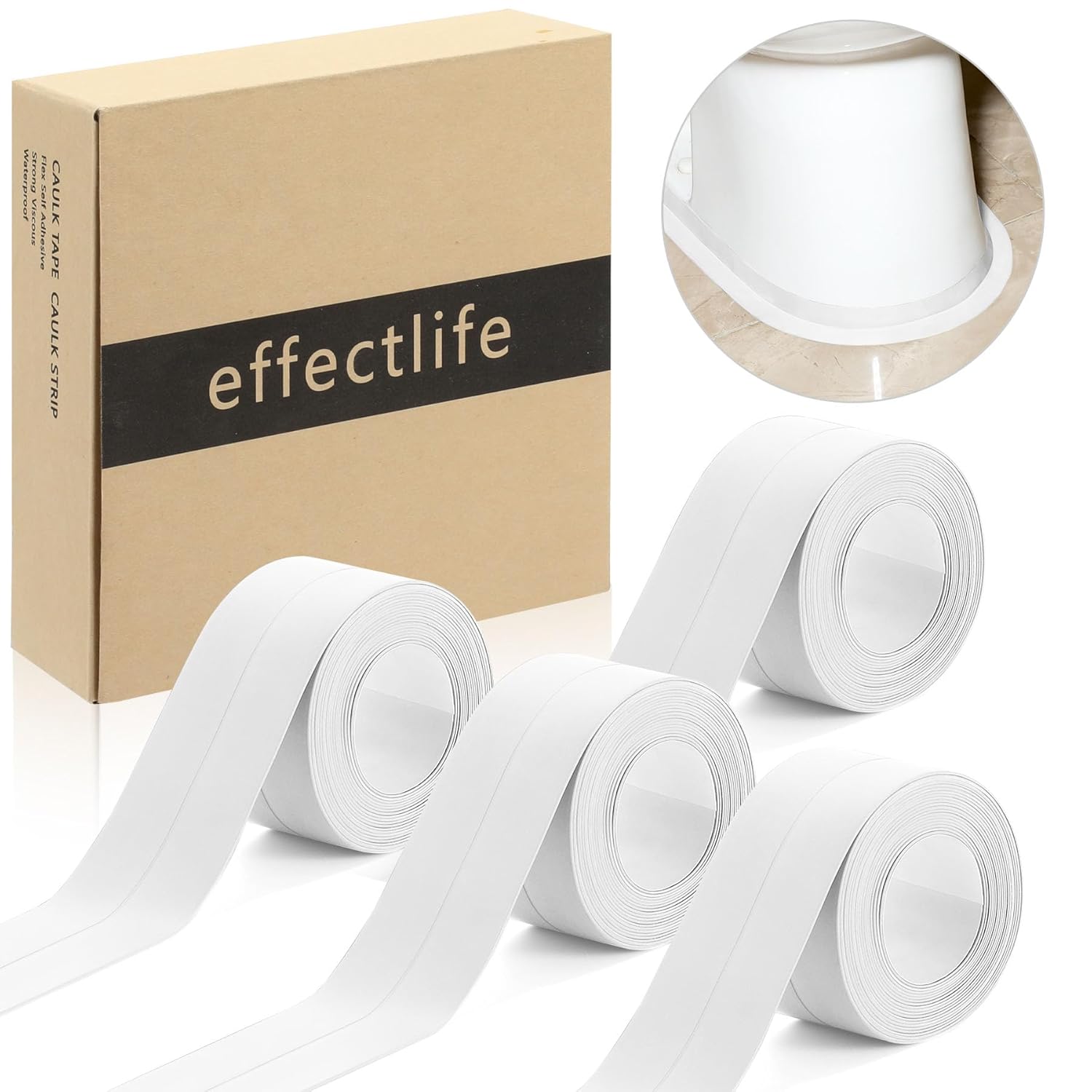 4 Rolls White Caulk Tape Waterproof Self Adhesive, Toilet Bathtub Sealant Caulk Strip, Peel and Stick Caulking Tape for Floor Tile Corner Trim, Bathroom Shower Accessories