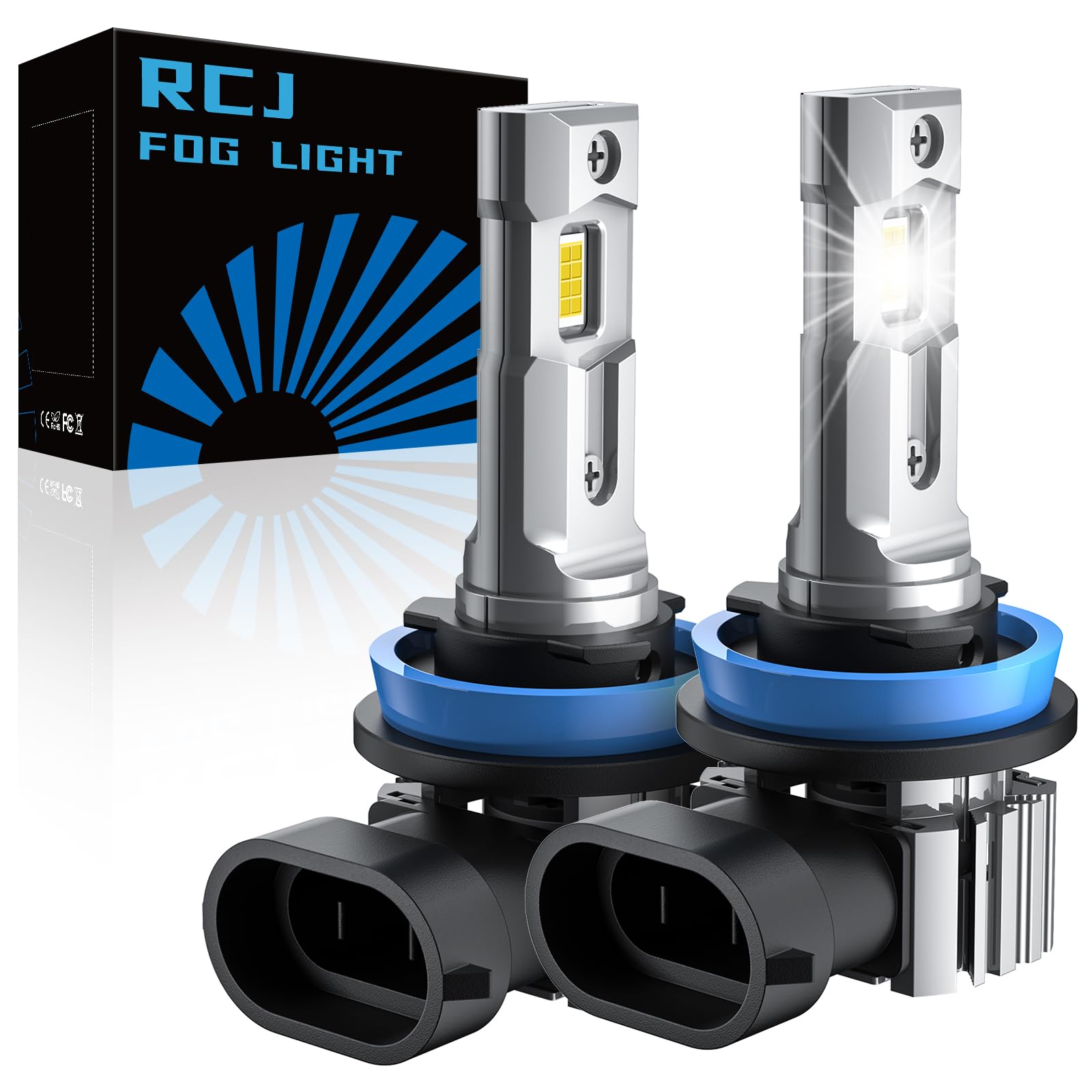 RCJ H11 Bulbs, H8 H9 Fog Light Bulbs 16000LM Super Bright 6000K Cool White, Real 1:1 Design, Plug and Play, Canbus Ready, Pack of 2