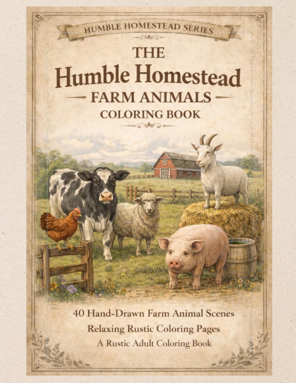 The Humble Homestead – Farm Animals Coloring Book: 40 Hand-Drawn Farm Animal Scenes Relaxing Rustic Coloring Pages A Rustic Adult Coloring Book