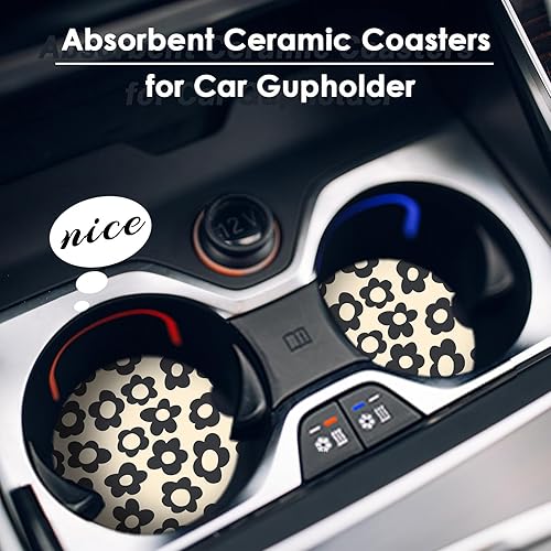 Miniatura 4 de Paquete de 2 posavasos abstractos para automóvil con margaritas negras absorbentes de 2.56 pulgadas, estilo vintage hippy de los años 70, diseño