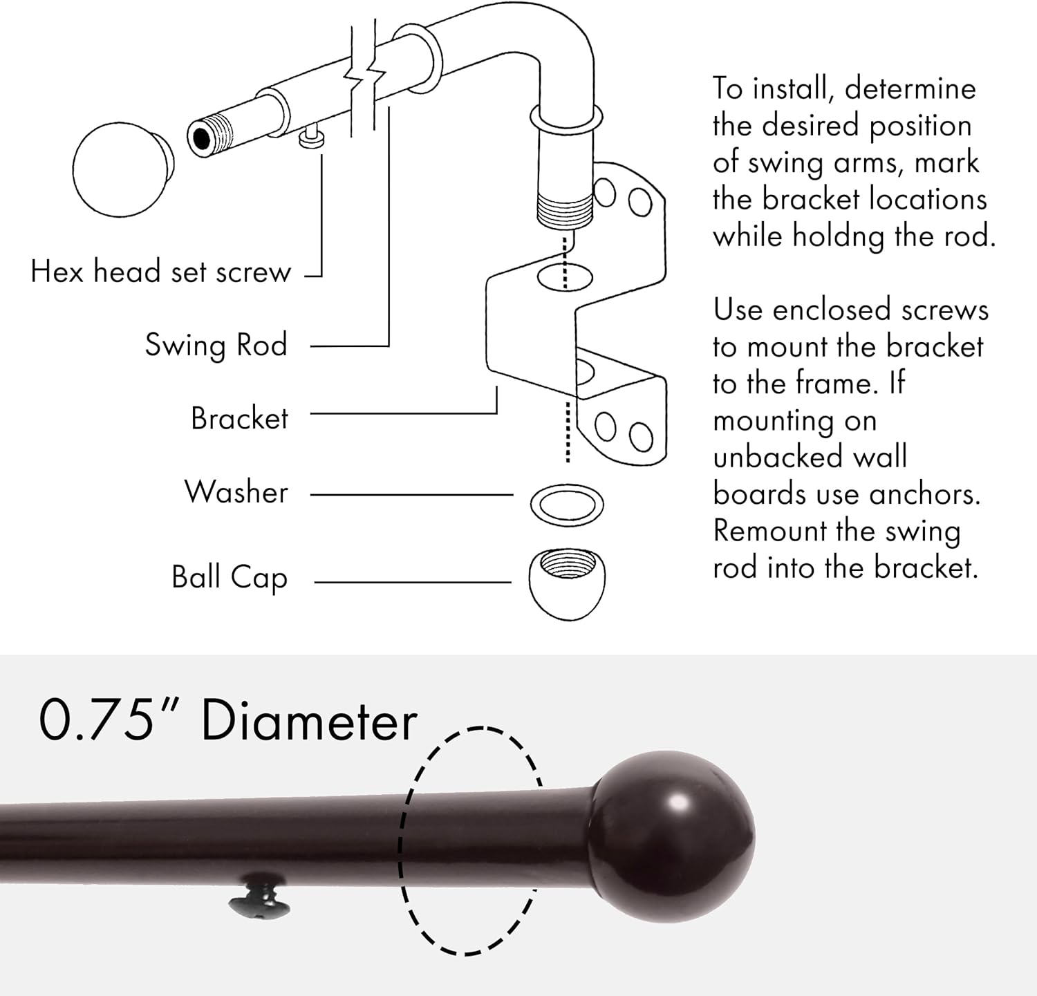 MERIVILLE 14"-24" Swing Arm Curtain Rod, 3/4" Diameter, Oil-Rubbed Bronze, 2 Pieces