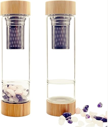 Botella de agua de cristal delgada con infusión de gemas de bambú con infusor de ojo de tigre y aventurina verde de 3 onzas y funda negra protectora