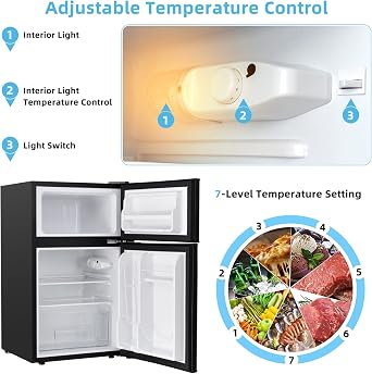 3.2 Cu.Ft Mini Fridge with Freezer, Compact Mini Refrigerator with 2 Reversible Doors, Adjustable Thermostat, Removable Glass Shelves, Low Noise Small Refrigerator for Office, Dorm (Black)