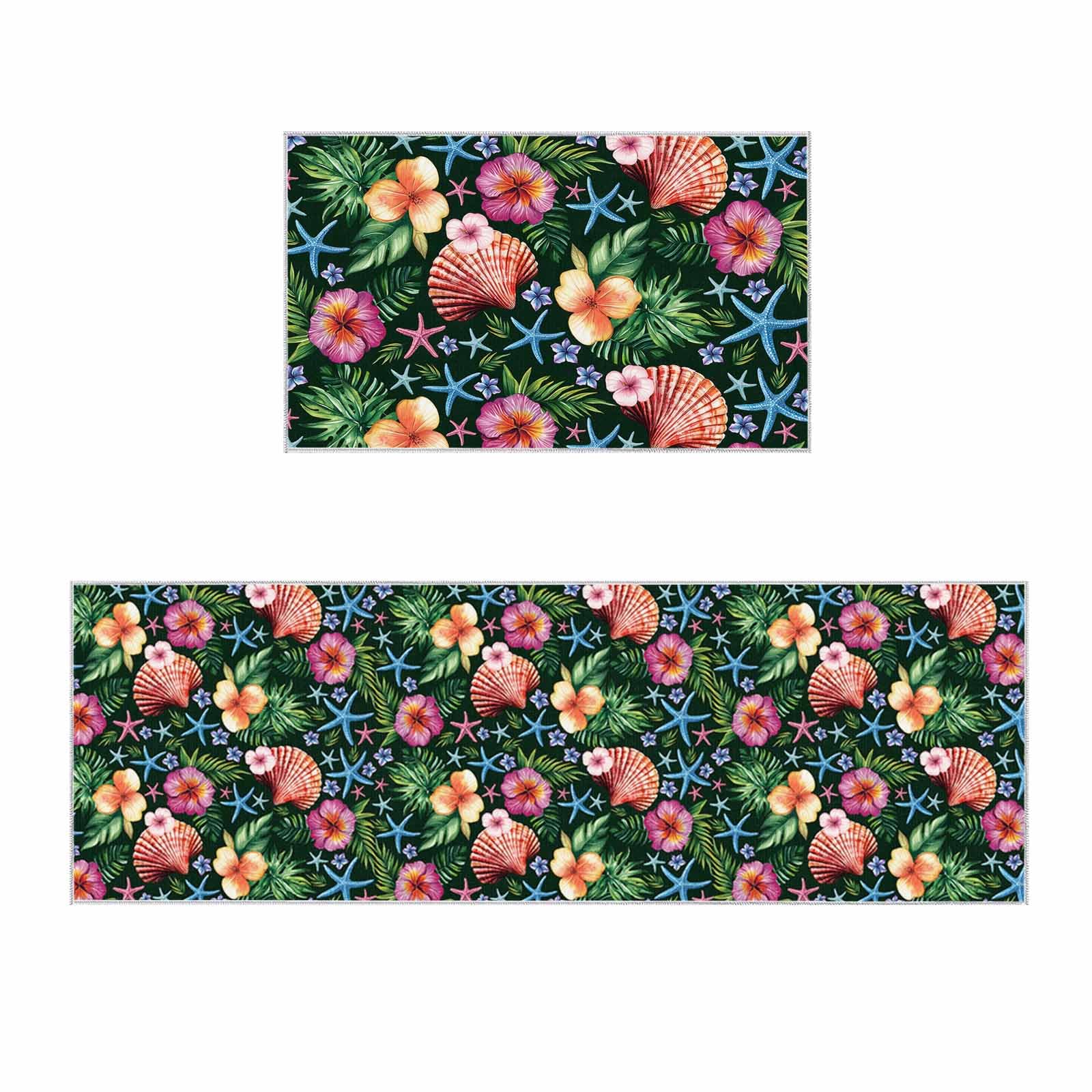 2 Pieces Kitchen Rugs and Mats,Summer Flower Leaf Shell Starfish Area Runner Rug Set Non Slip Floor Doormat Washable Carpet Standing Mat for Kitchen Sink Indoor Corridor,Tropical Plant on Dark Green