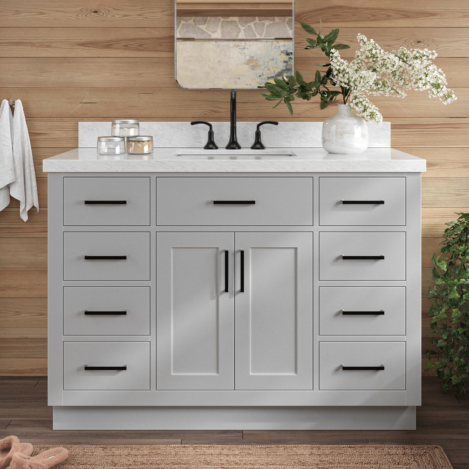 ARIEL Bathroom Vanity 49" Grey 1.5" Edge Italian Carrara Marble Countertop & Splash, Rectangular Sink, 2 Soft Closing Doors, 9 Full Extension Dovetail