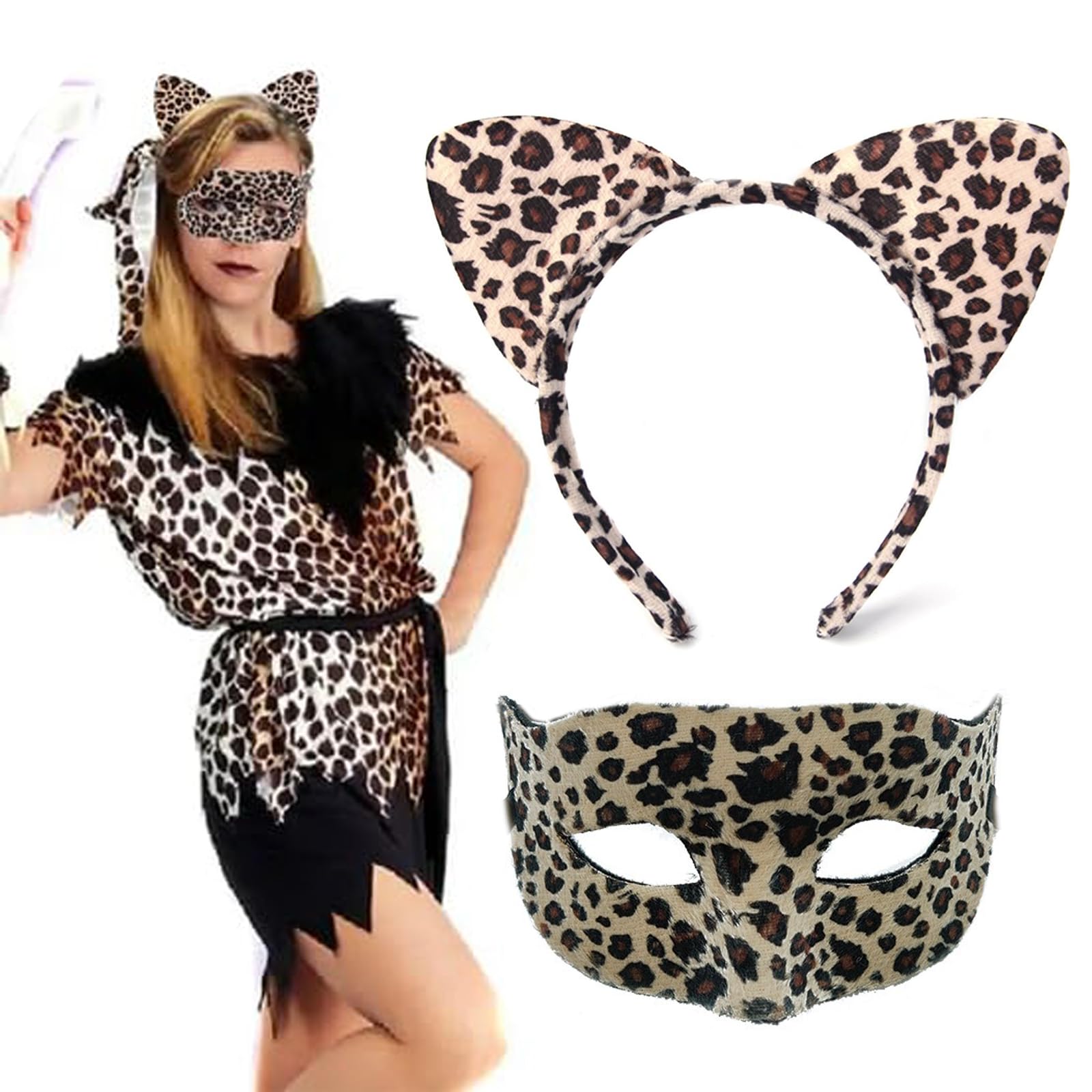 Leopard Ears Headband with Mask for Women,Leopard Costume Accessories for Halloween Cheetah Cat Cosplay