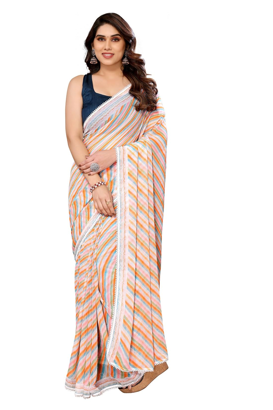 RAJESHWAR FASHION WITH RF Women's Printed Georgette Sarees For Ladies & College Girls Farewell With Lace Border & Blouse