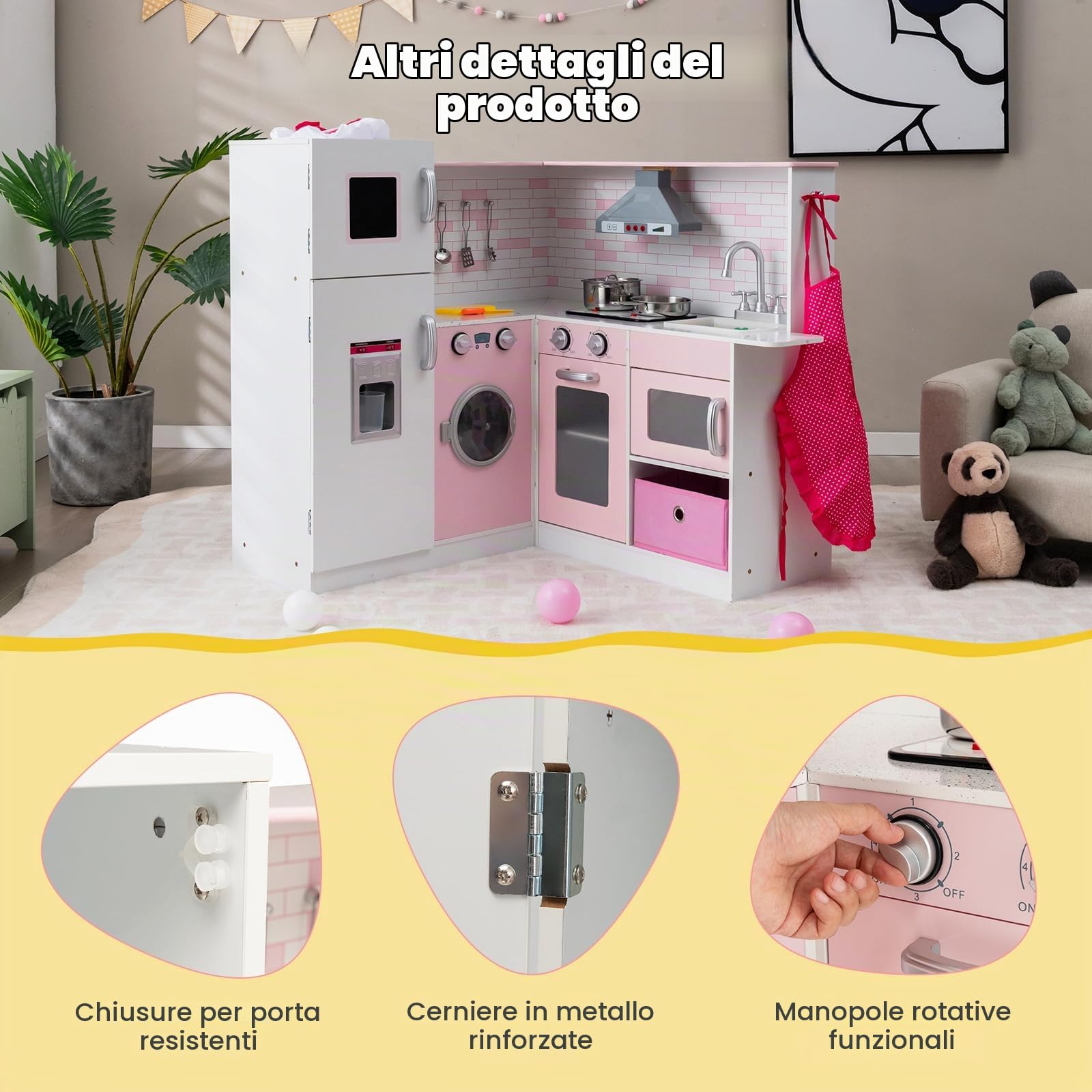 HOMASIS Cucina per Bambini in Legno ad Angolo Con Luci e Suoni, Cucinetta Con Lavello, Piano Cottura, Forno, Microonde, Lavagna - per Bambini dai 3 Anni in Su, Rosa