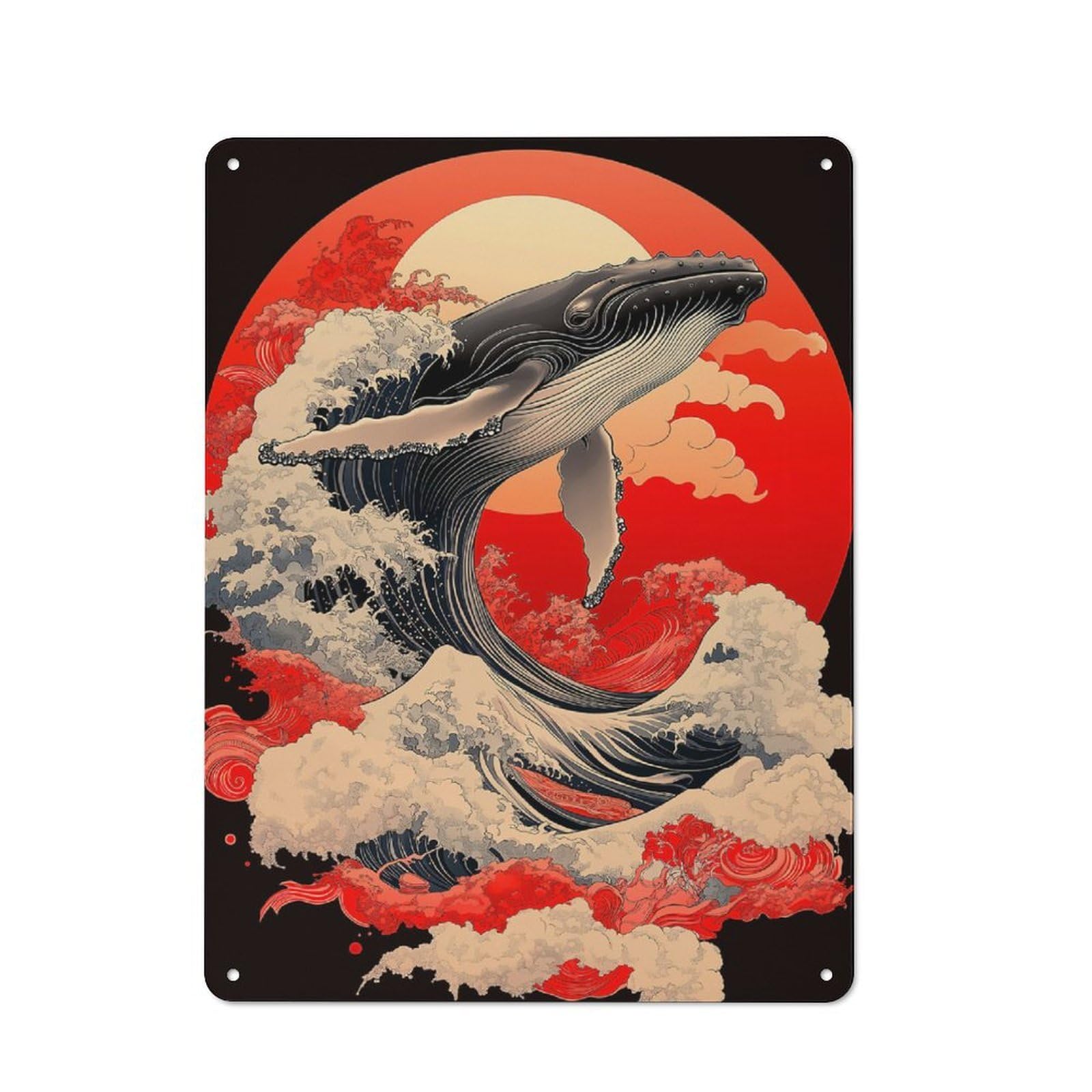 Junmoney Whale And Red Sun Tin Wall Plaque 40X30cm With For Garage Or Workshop, For Kitchen, Dining Room And Home Bar Wall Decor