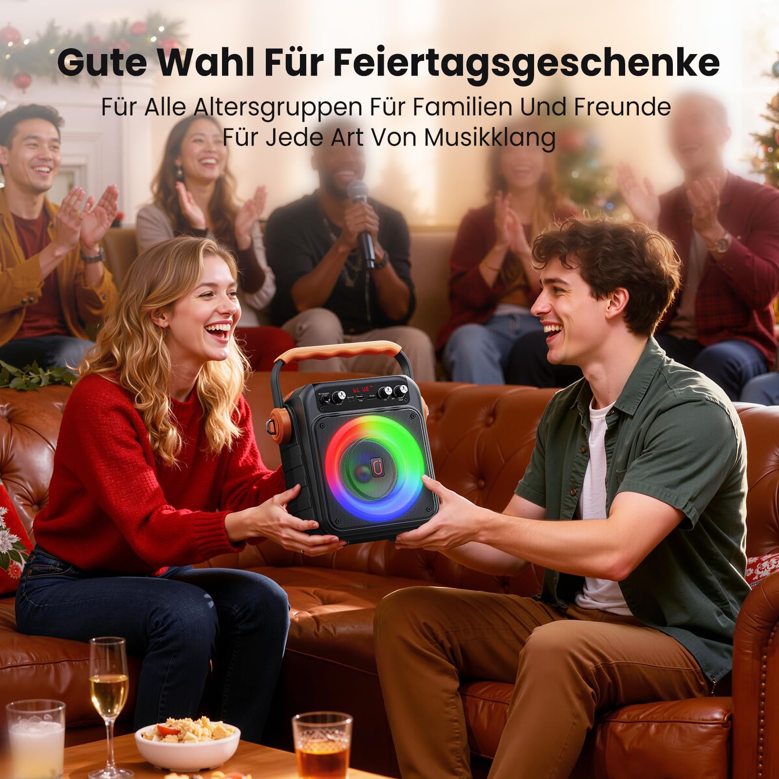 JYX Karaoke-Maschine mit 2 Mikrofonen, 80W Bluetooth 5.3 PA-Lautsprecher | 80W Leistung, TWS, USB, TF, AUX und Live, LED-Lichteffekte für Karaoke, Partys, Zuhause, Garten und Camping
