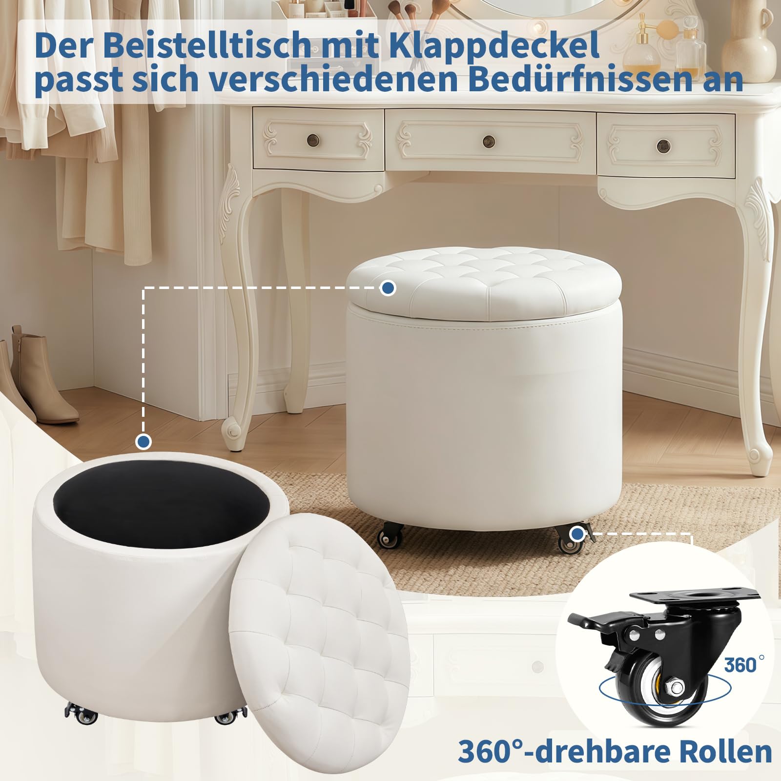 Hocker mit Rollen, 48cm Runder Fußhocker mit Stauraum, Knopfgeheftete Sitzhocker Schminkhocker mit Abnehmbarem Deckel für Wohnzimmer, Schlafzimmer, Esszimmer, PU, Elfenbeinweiß
