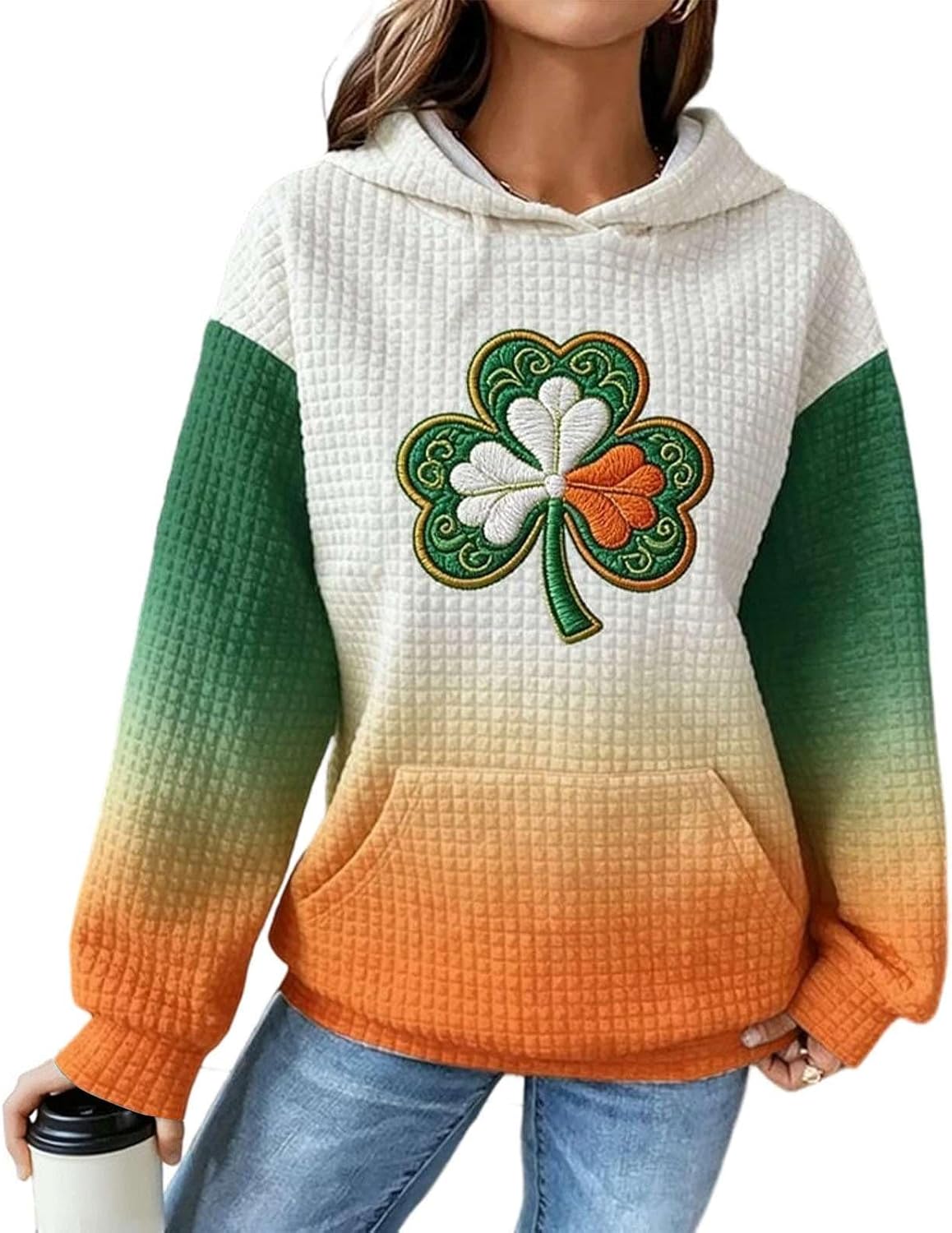 Women's St. Patrick's Day Shamrock Art Print 3D Hoodie Waffle Knit Lucky Clover Pullover Sweatshirt Long Sleeve