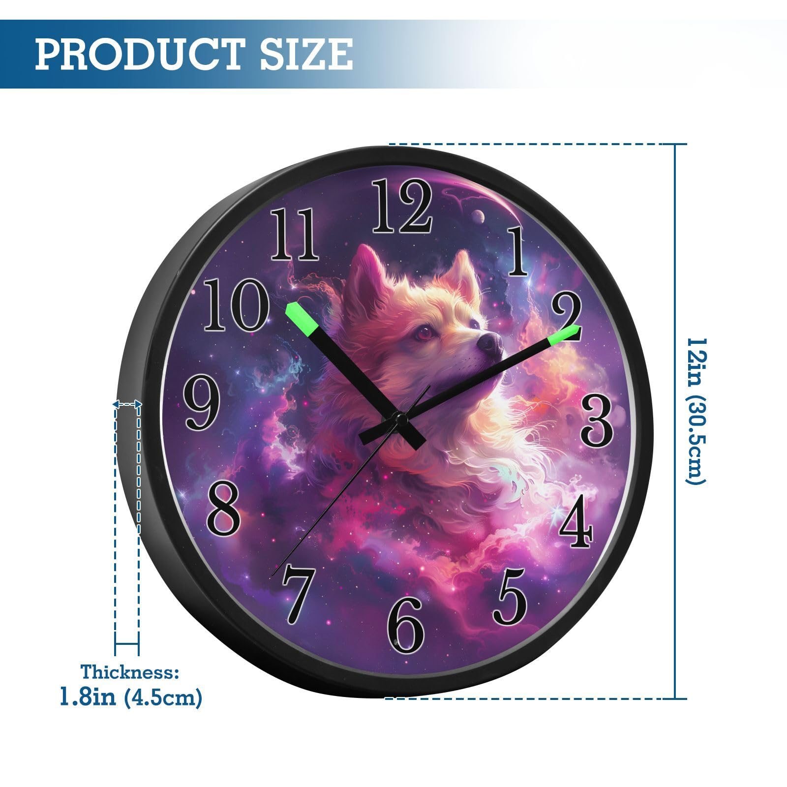 Mnsruu Reloj de pared luminoso cósmico Doge Galaxy, reloj de dormitorio, funciona con pilas, reloj silencioso que brilla en la oscuridad, para sala de estar, cocina, 30,5 cm