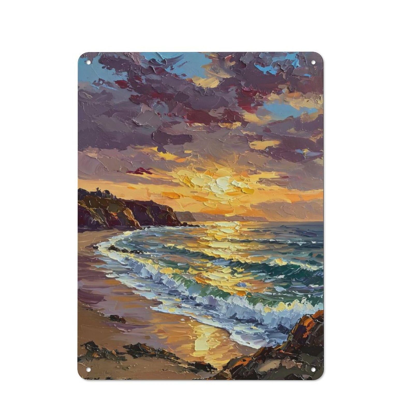 Junmoney Impressionistic Seascape Painting At Sunset Bistro Style Decorative Metal Plaque 40X30cm, Bistro Wall Plaque For Tea Room, Shop Wall Or Breakfast Area