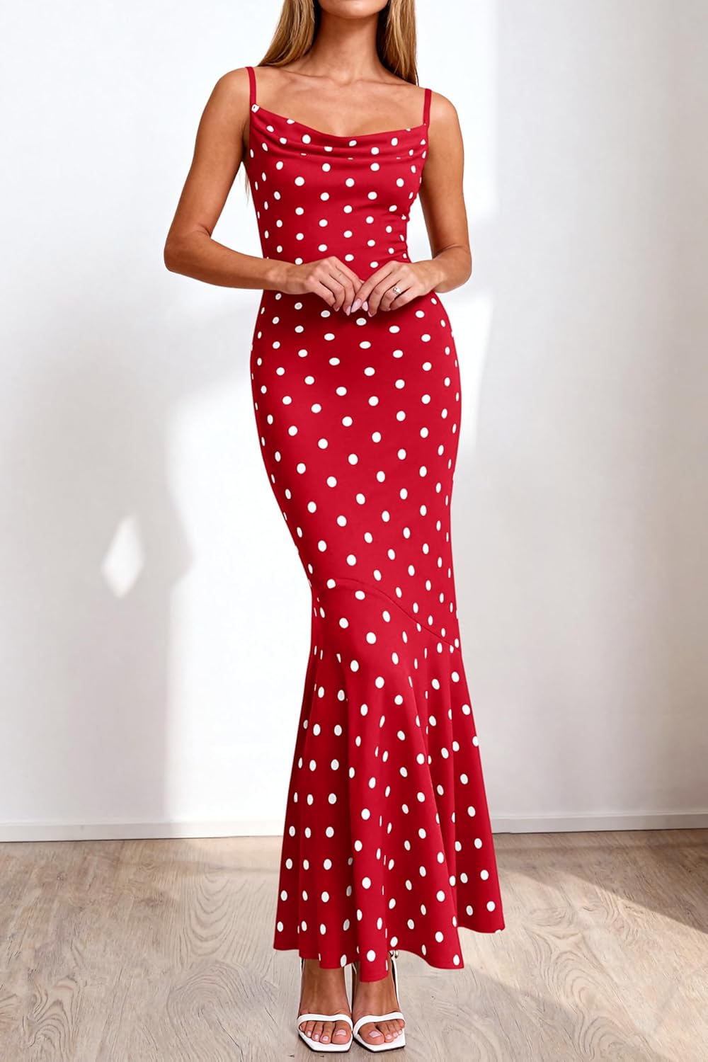 PRETTYGARDEN Womens Summer Dresses 2026 Polka Dot Spaghetti Strap Cowl Neck Bodycon Wedding Cocktail Mermaid Maxi Dress - Image 6