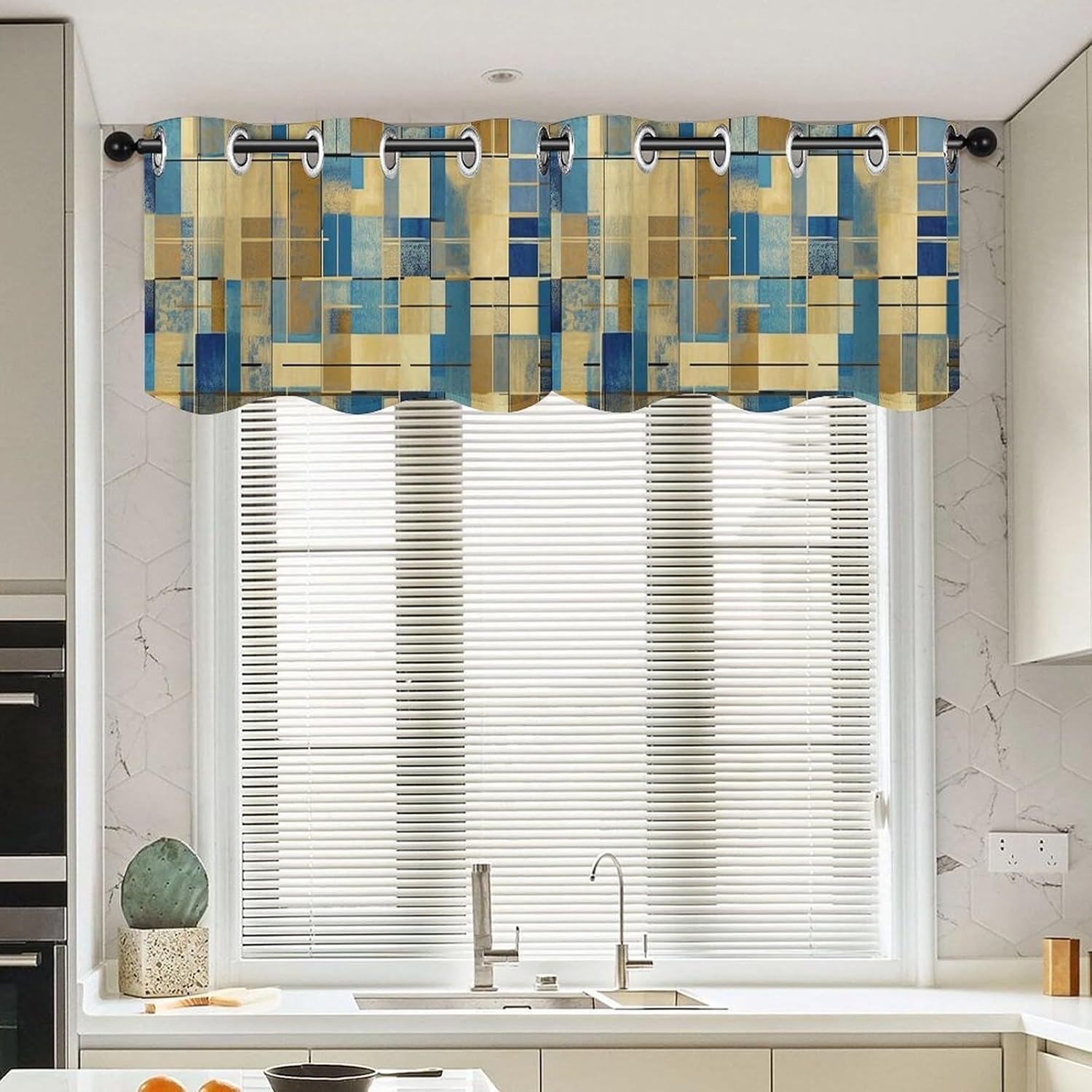 Blue and Beige Squares Valance for Windows, 2 Pack Kitchen Curtains Modern Home Decor, Soft Blackout Window Curtains for Living Room & Bedroom, 18 X 52 Inch