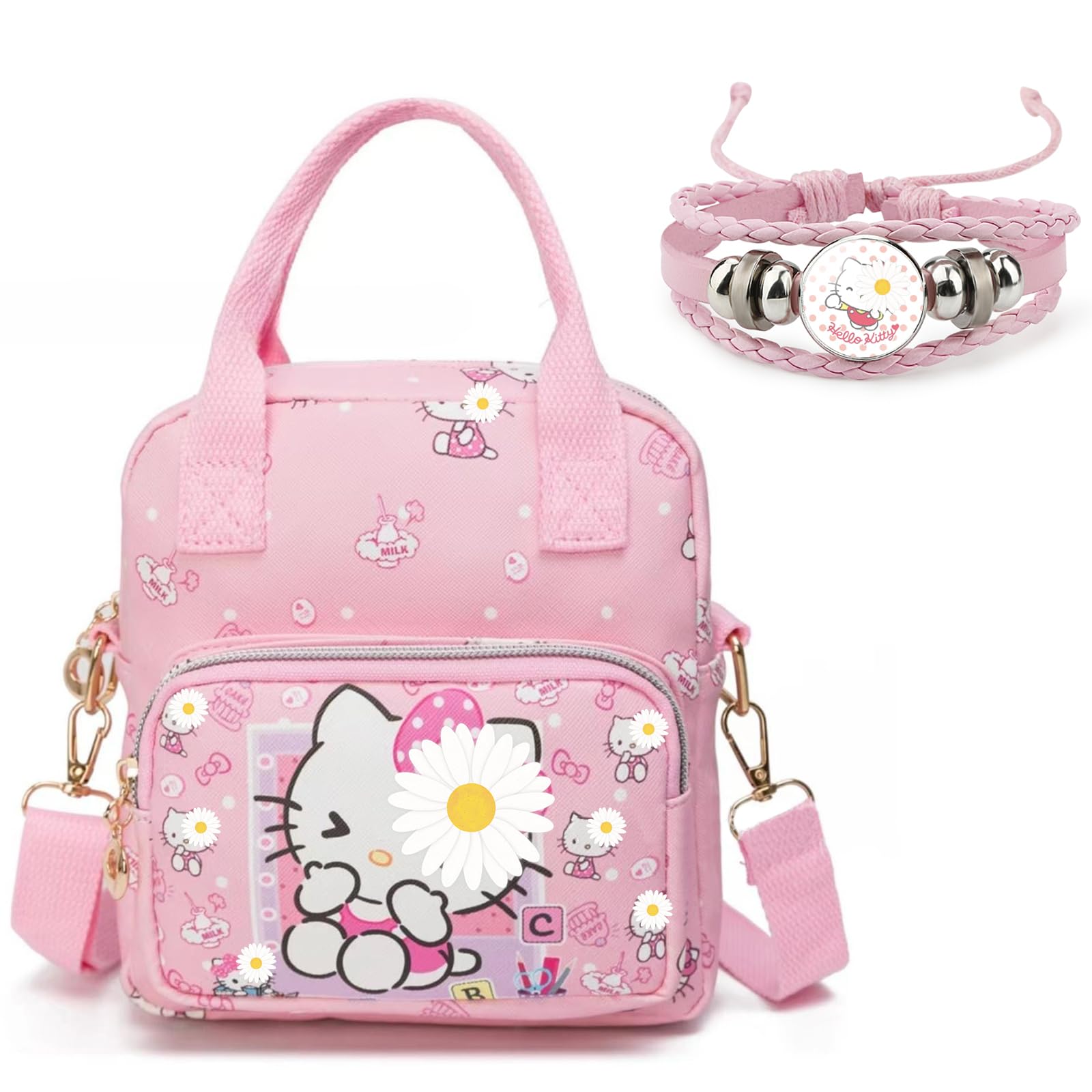 Cat PU Crossbody Bag with Handles Adjustable Shoulder Strap and Bracelet, Kawaii Handbag with Zipper, Wallet Purse Shoulder Messenger Bag Coin Pouch Accessories for Women Girls