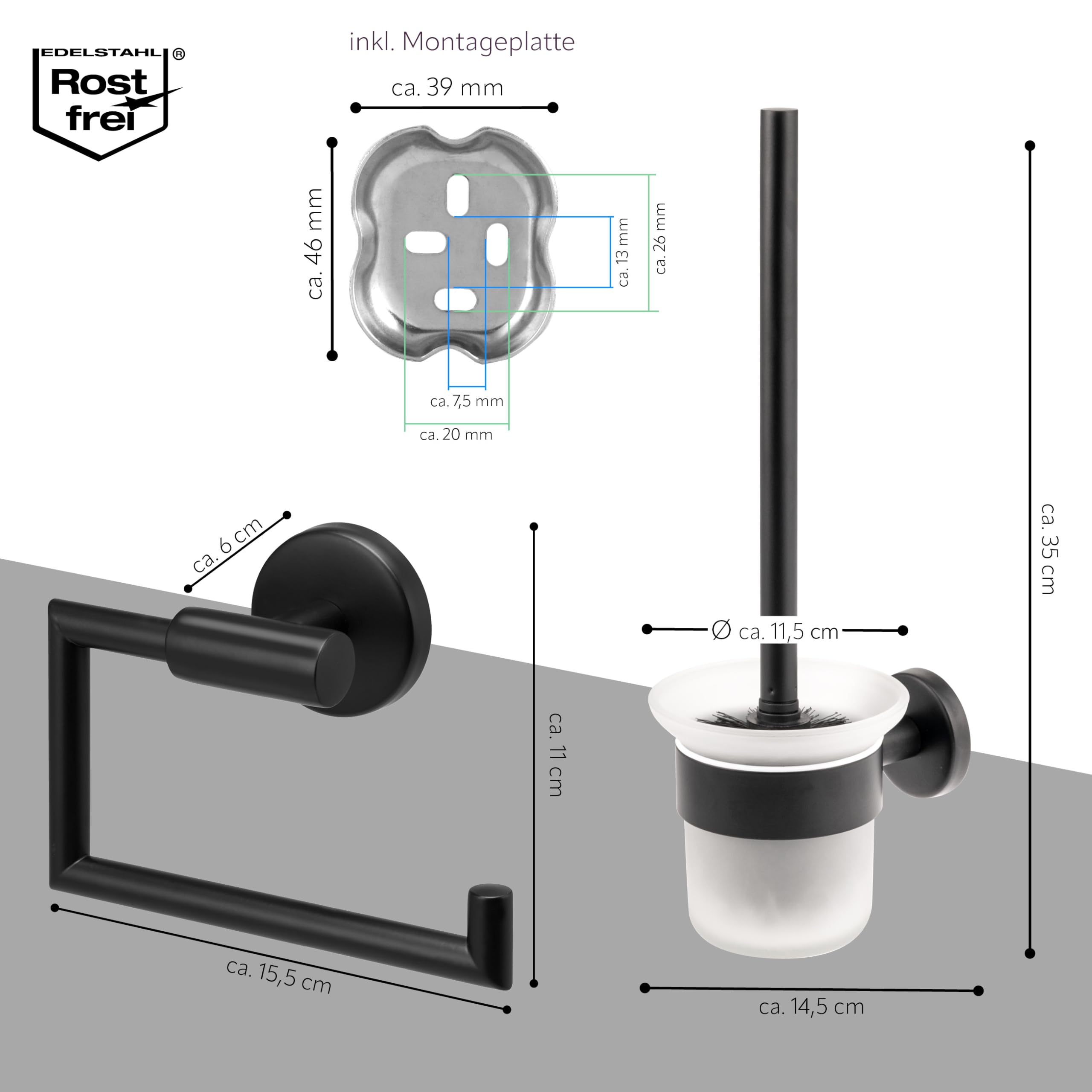 bremermann Bad-Serie Piazza Black - Badezimmer Zubehör-Set 2tlg. bestehend aus 1x Toilettenpapierhalter und 1x WC-Garnitur inkl. 1 Ersatzbürstenkopf, WC-Rollenhalter, aus Edelstahl schwarz