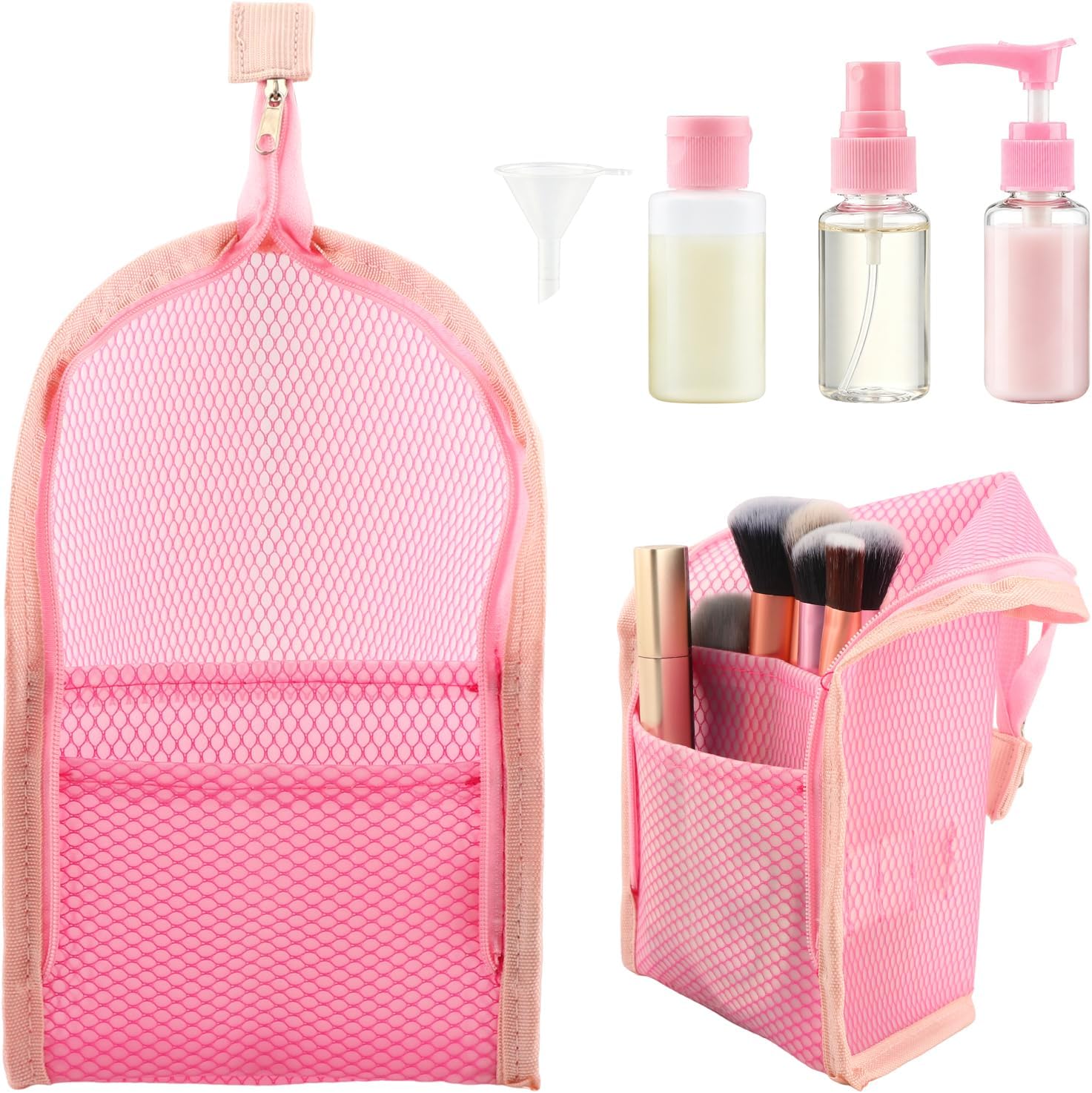 5Pcs Standing Toiletry Bag for Travel, Foldable Lightweight Hanging Travel Cosmetic Bag with 3Pcs Bottles and 1Pc Funnel, Mesh Waterproof Cosmetic Organizer Storage for Women Men(Pink)