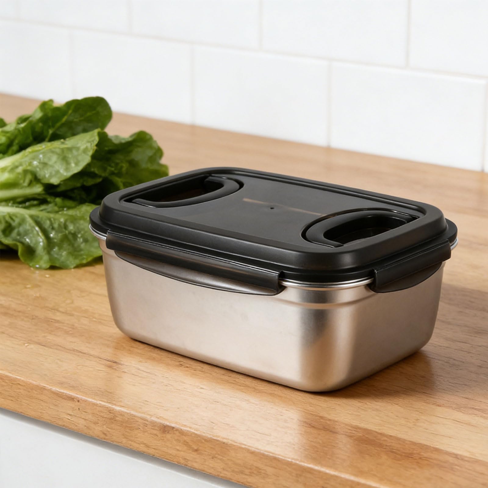 Contenedor de almacenamiento de alimentos de acero inoxidable sellado con cubierta segura para mantener las comidas frescas, ideal para cocina, oficina, almuerzo