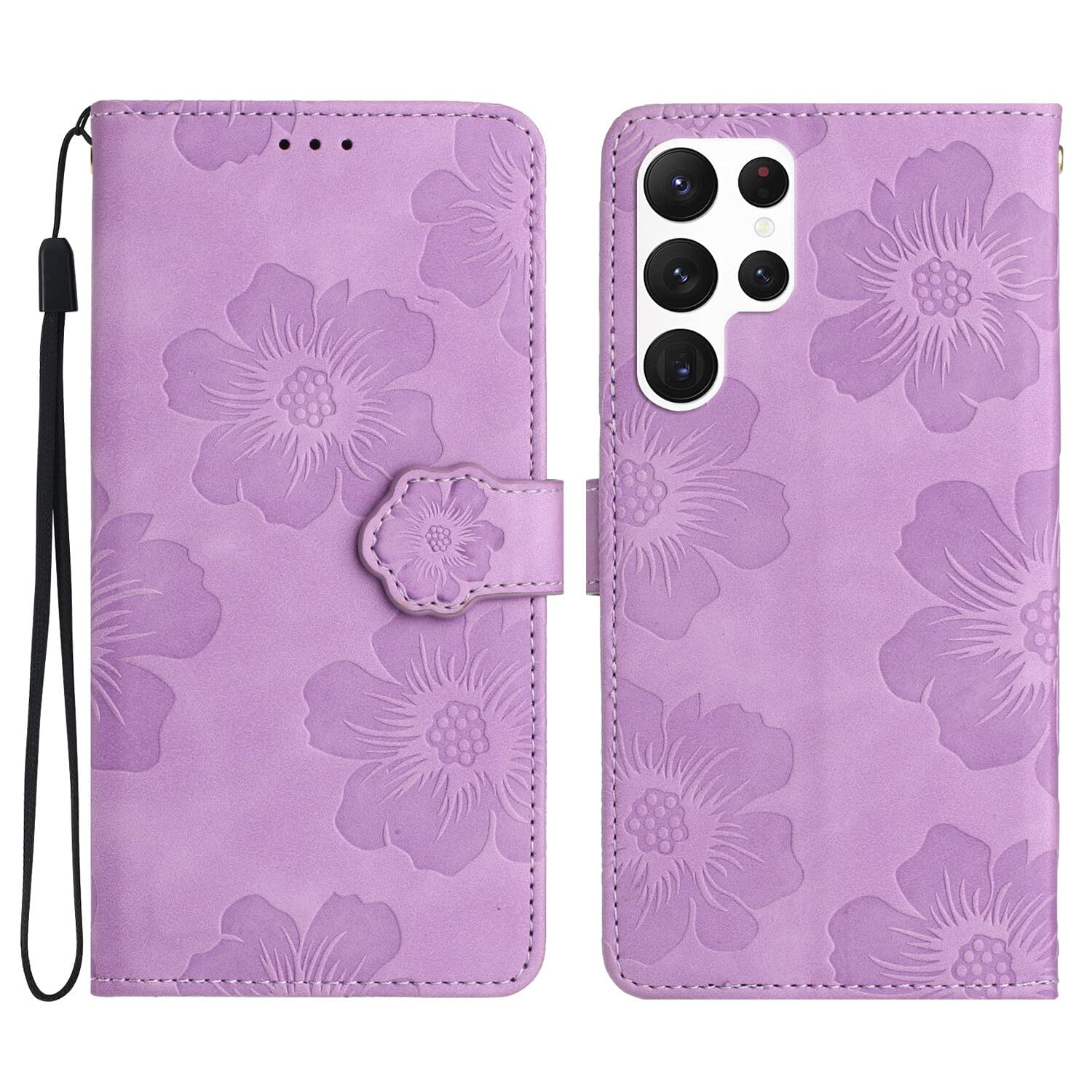 SUPWALL Wallet Case Compatible for Samsung Galaxy S24 Ultra with Card Holder | Flowers Case Wallet for Women and Girls with Wrist Strap | Embossed Floral Protective PU Leather Flip Case | Purple
