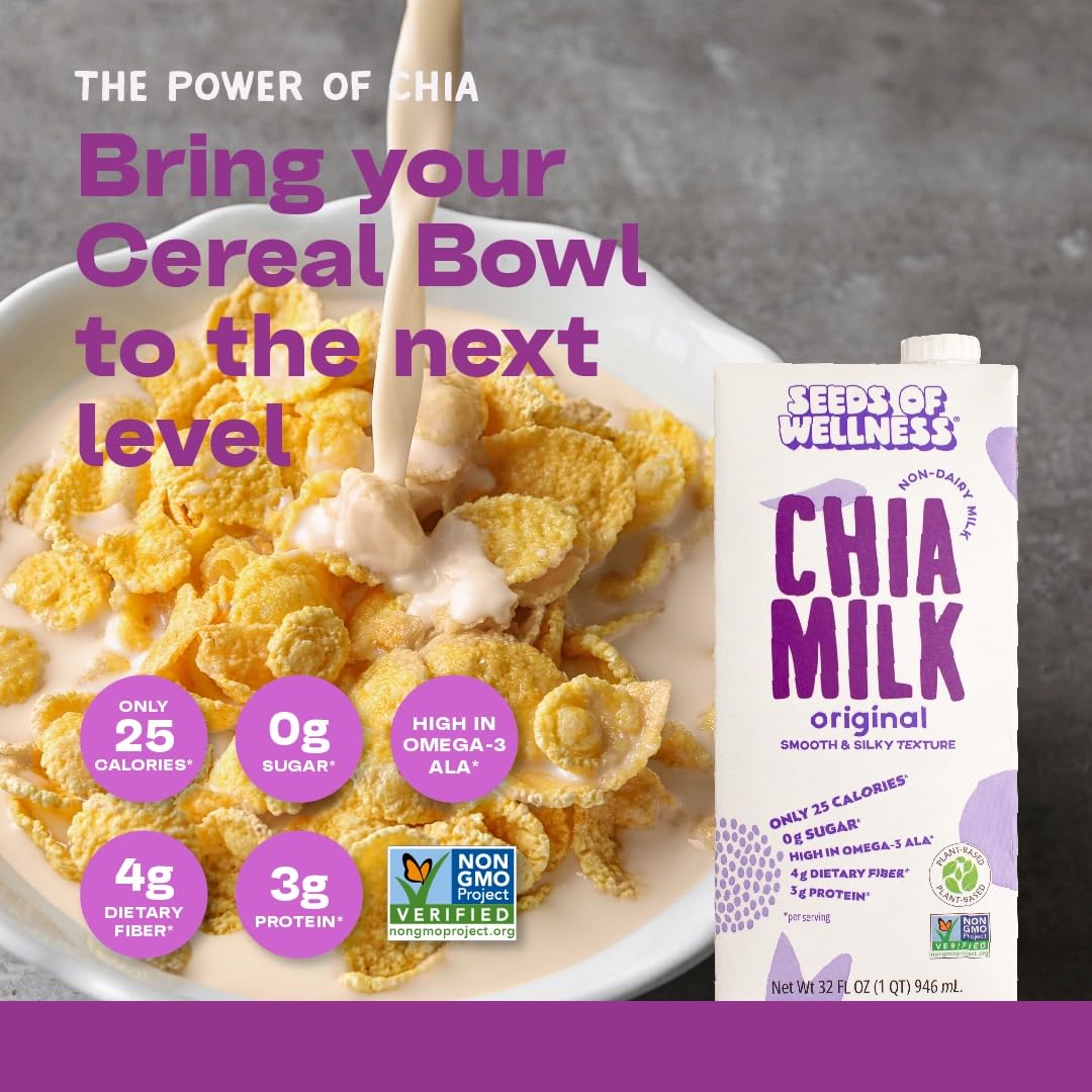 Seeds of Wellness - Chia Milk Original, Vegan, Plant-Based, Non-Dairy, 740 mg Omega-3, 4g Fiber, 3g Protein, Zero Sugar, Smooth Texture, Low Calories, Keto, Gluten Free, Non-GMO, 32 Fl Oz (946 ml) Tetrapak, Pack of 6, Chile