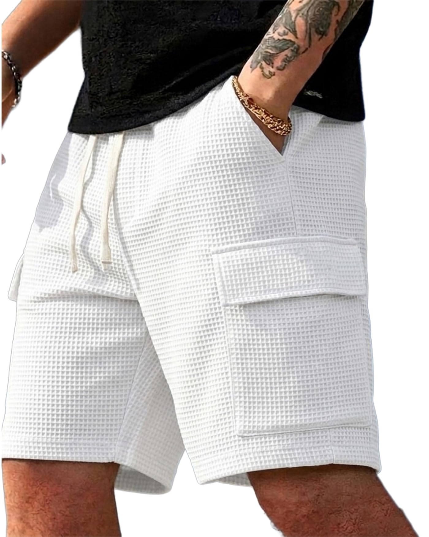 Men Solid Drawstring Waist Casual Knee Length Shorts ||Solid Men White Basic Shorts-image-3