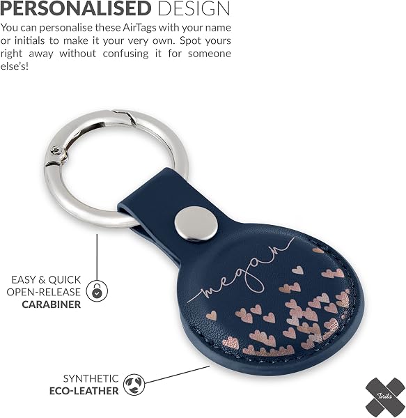 Tirita Personalised Case Keyring Holder Compatible with Apple AirTag 1 & 2 - Leather Case with Key Ring for Apple Air Tag [10- Rose Gold Hearts Rain on Blue] - 5