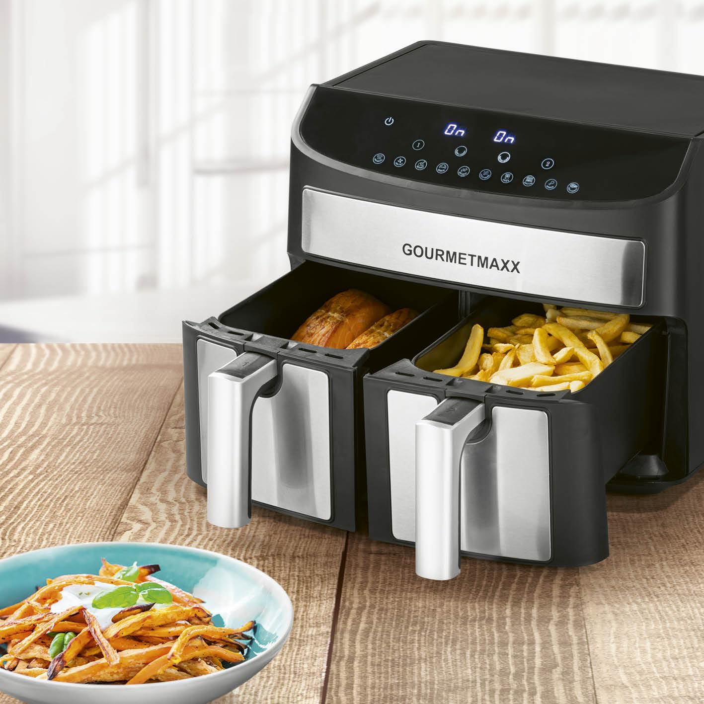 GOURMETmaxx Frytkownica na gorące powietrze, podwójna komora, 2 x 3,5 l, stal nierdzewna, Airfryer z funkcją timera, wyświetlaczem dotykowym i strefami gotowania synchronicznymi | energooszczędne