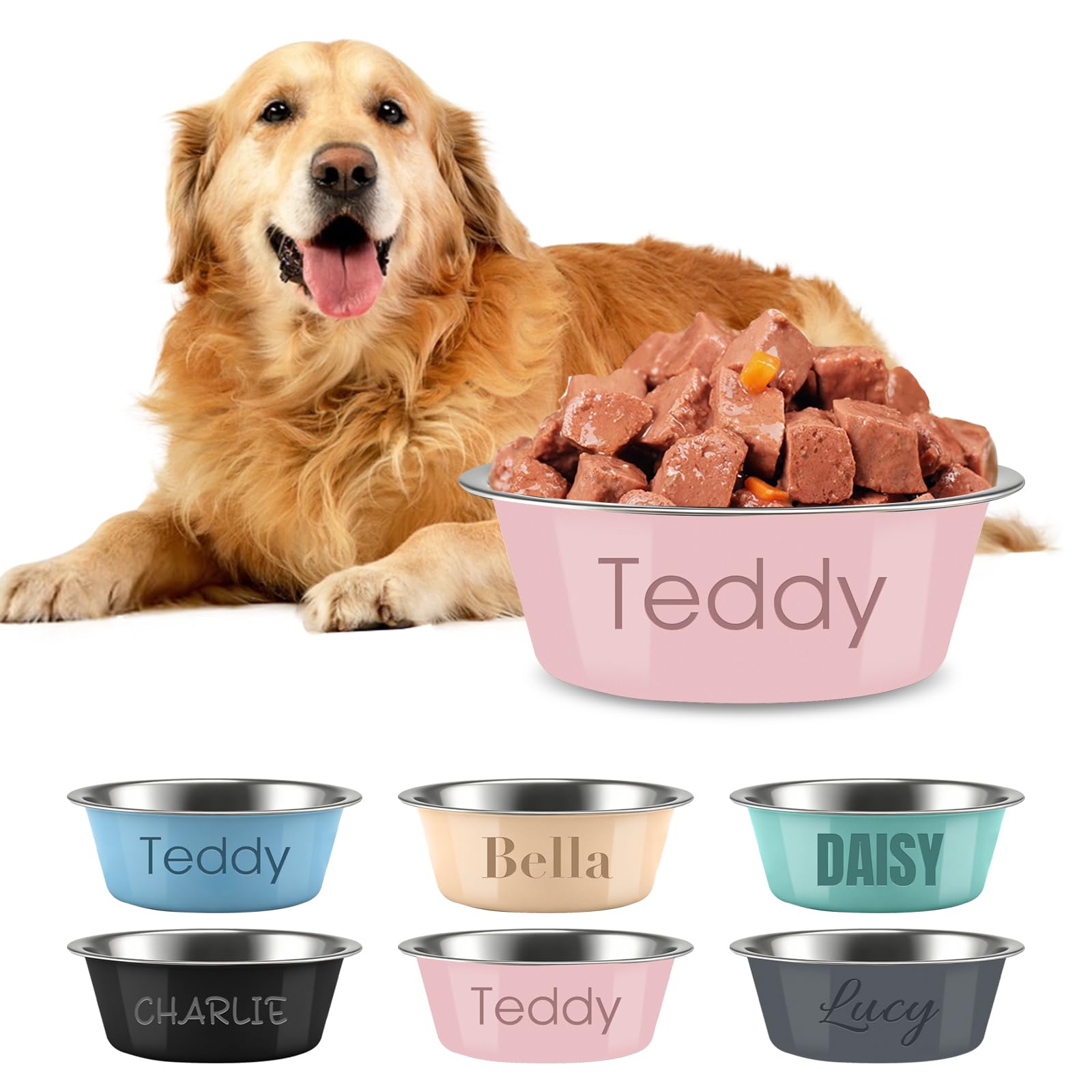 Personalised Stainless Steel Dog Bowls, Customizable Pet Names, Anti-Slip Mats, Printed Pet Bowls, Pet Supplies, Water Dispensers and Food Bowls (Pink)