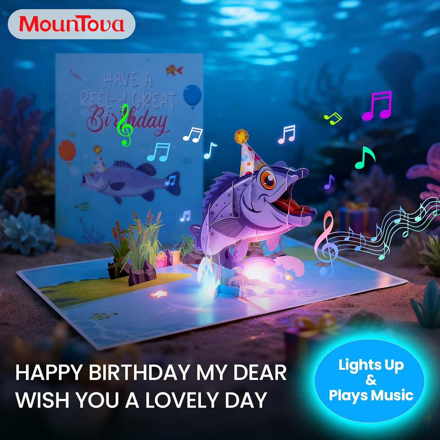 Musical Pop Up Birthday Cards for Men Women Kids, Funny 3D Jumping Fish Singing Happy Birthday Song Greeting Card with Lights, Birthday Gifts for Dad Husband Son Fisherman Friends - Image 2