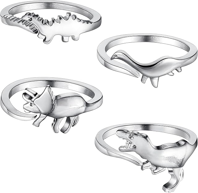 4 Pieces Dinosaur Rings Open Adjustable Dinosaur Rings Vintage Silver Dinosaur Rings Copper Alloy Jewellery for Women and Men