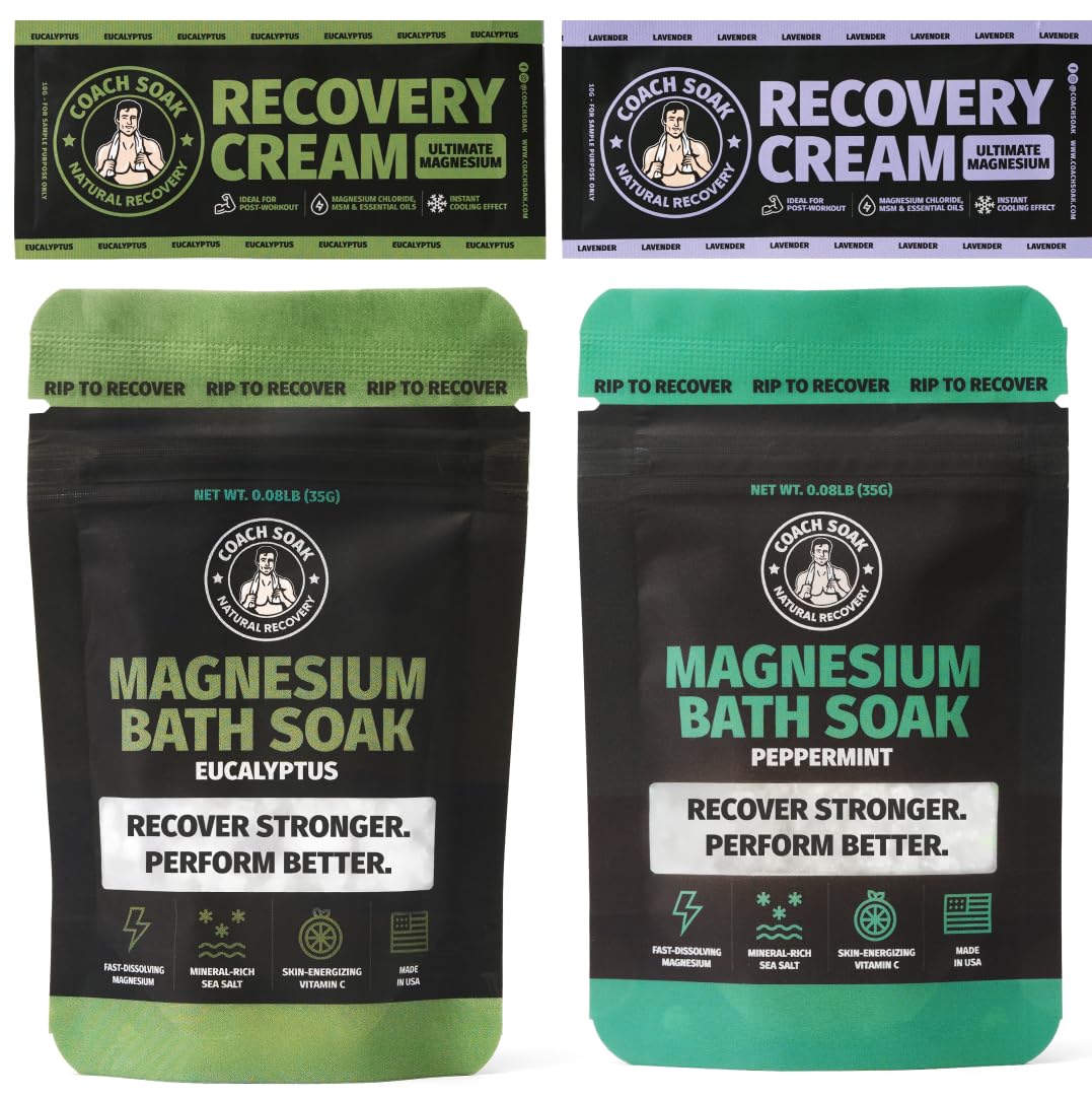 Coach Soak Magnesium Bath Flakes Mint & Lotion Trial Pack – Absorbing Magnesium Cream with Menthol – 0.18 lb (4 Pack) – Mixed Scents