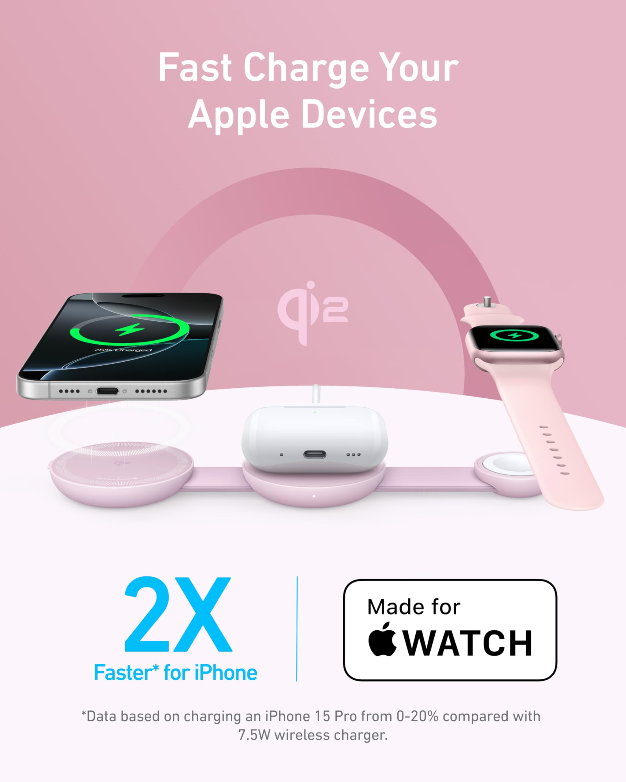 Stazione di ricarica wireless 3-in-1 Anker MagGo 15W, compatibile con MagSafe, certificato Qi2, pieghevole e portatile per iPhone 15/14/13/12, AirPods, Apple Watch e altro (caricatore USB-C incluso)