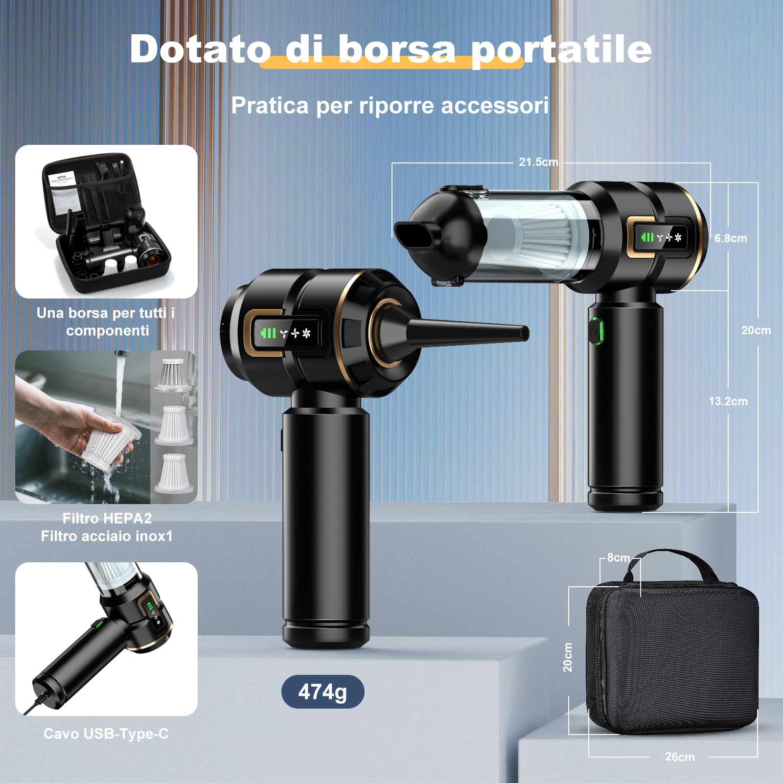 Aspirapolvere a mano 4 in 1 con display LCD, aspirapolvere per auto forte 25000PA senza fili, 3 livelli 220000 giri/min, mini aspirapolvere con schermo per auto, cucina, PC, divano, ufficio, casa e