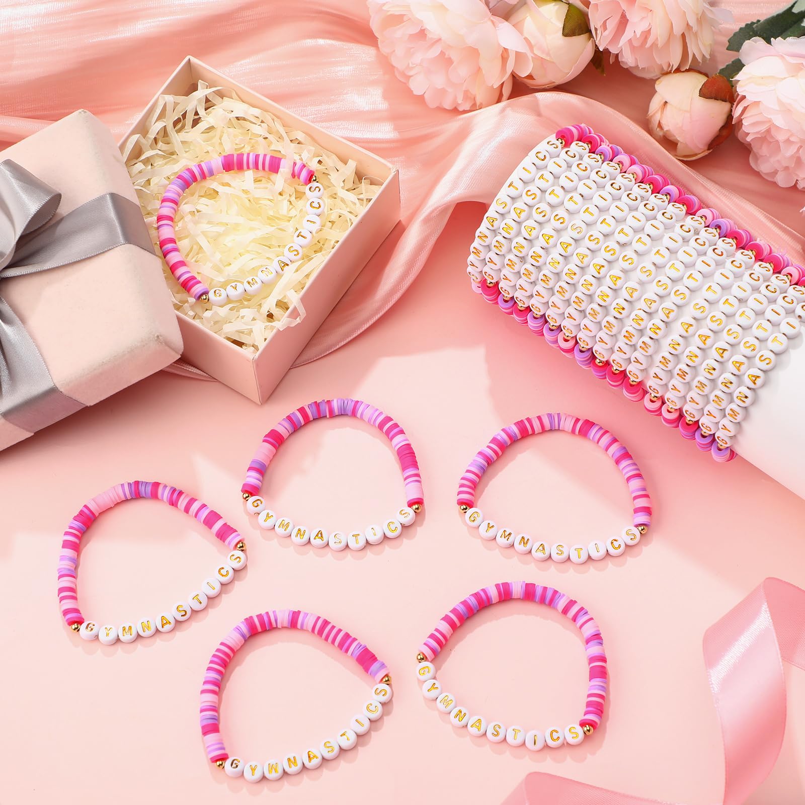 Huquary 24 Pcs Gymnastics Bracelets Gifts Gymnastics Party Favor Bulk Gymnast Clay Beaded Bracelets Sports Team Jewelry for Women Sport Team Fan Gymnast Birthday Party Favors