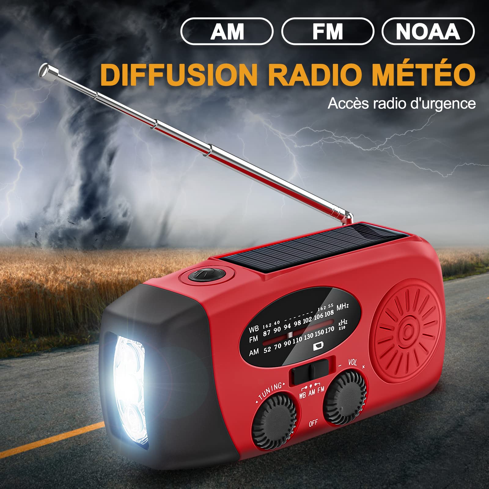 Radio Solaire Portable d'Urgence Météo 2000mAh Manivelle AM/FM/NOAA Dynamo IPX3 Charge Téléphone Lampe LED Alarme SOS Câble USB Randonnée Camping Rouge