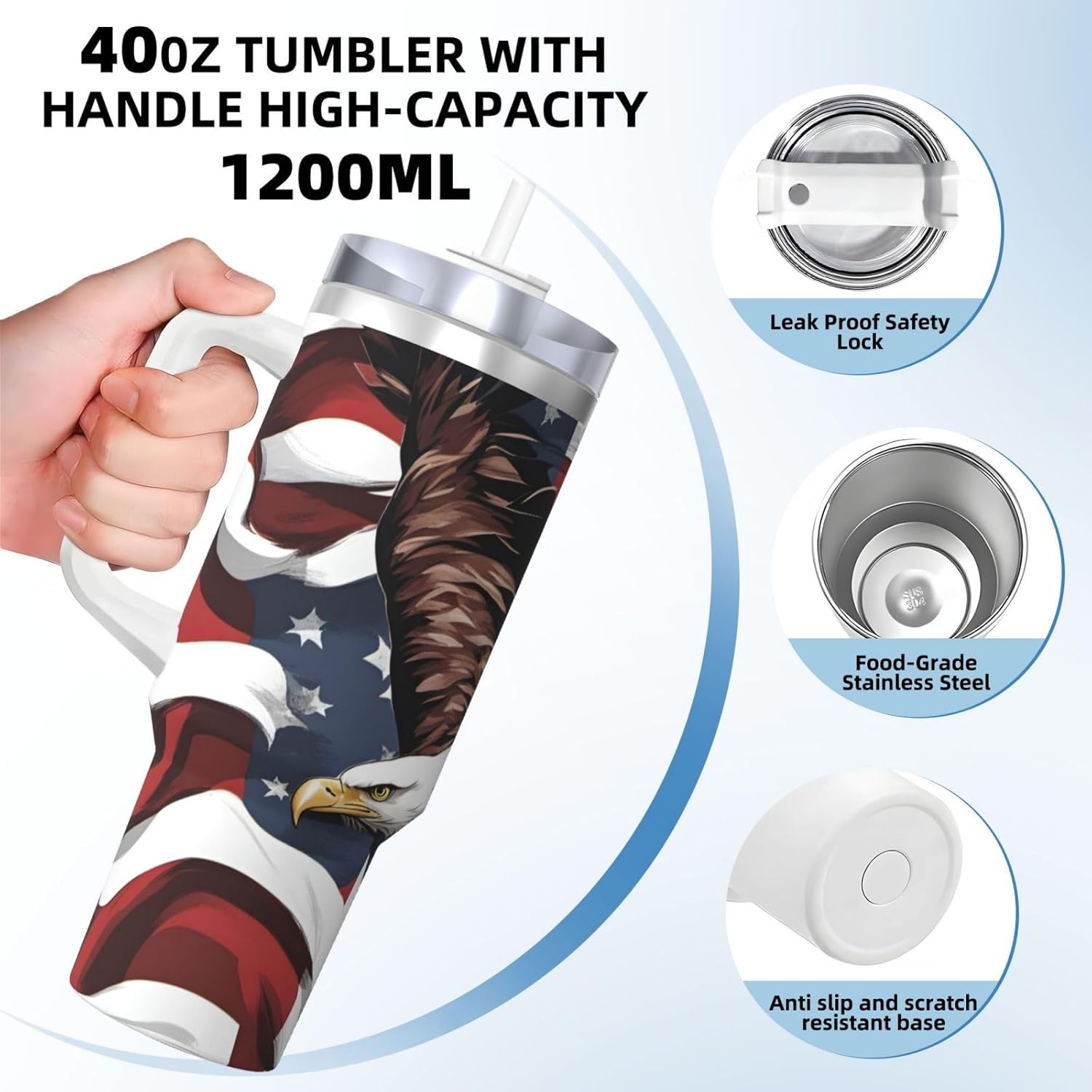40 OZ Eagle with USA Flag Print Ice Bully Cup with Handle Straw Lid Straw,Stainless Steel Tumbler Coffee Cup