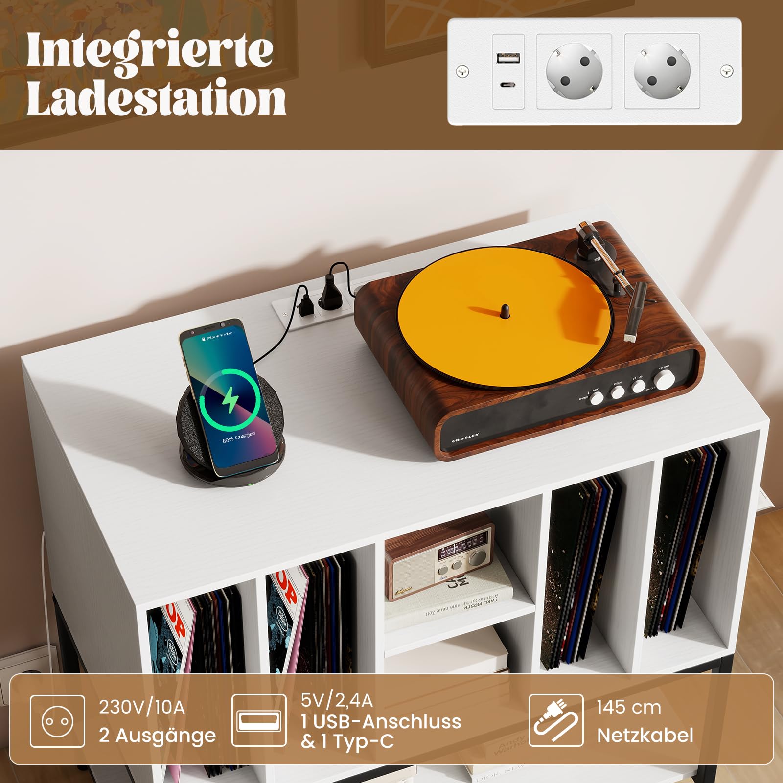 COSTWAY podstawka pod gramofon z ładowarką, szafka pomocnicza z przechowywaniem winyli, nowoczesna szafka do przechowywania, regał ekspozycyjny na winyle na do 150+ albumów 80 x 45 x 79,5 cm (Biały)