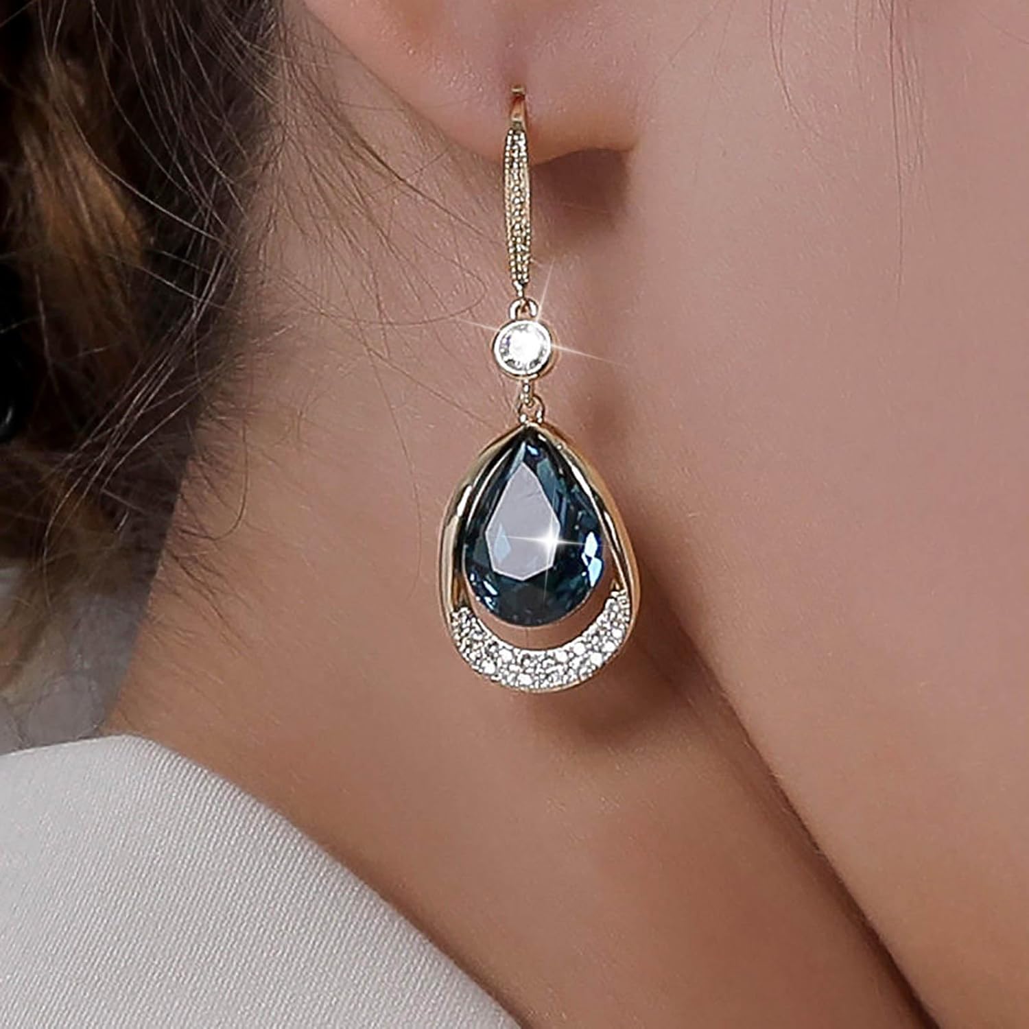 Vintage Sapphire Teardrop Earrings Blue Crystal Dangle Hook Earrings Cz Sapphire Blue Drop Earrings Boho Cz Rhinestone Earrings Jewelry for Women - Image 2