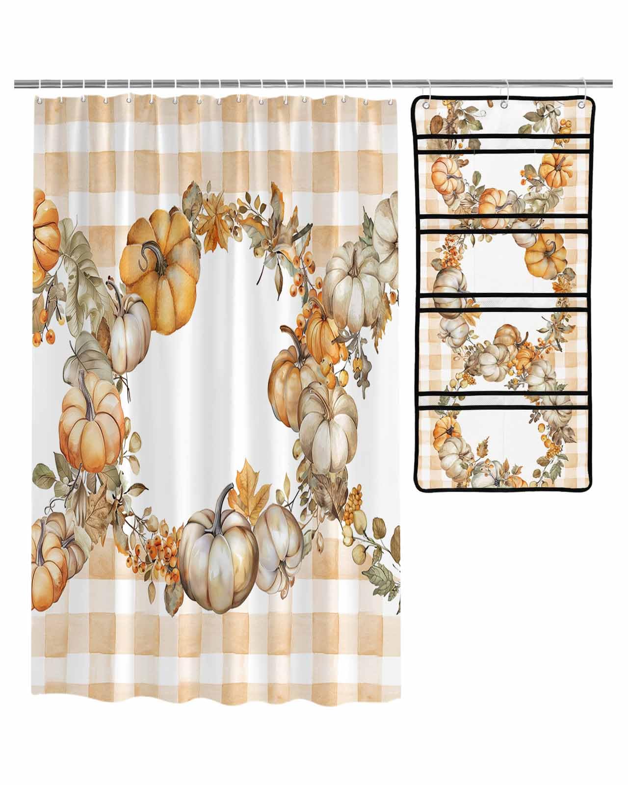 ZFUNCING Shower Curtain Mesh Shower Organizer Set Thanksgiving Autumn Pumpkin Wreath Waterproof Bath Curtains Hanging Shower Caddy Bathroom